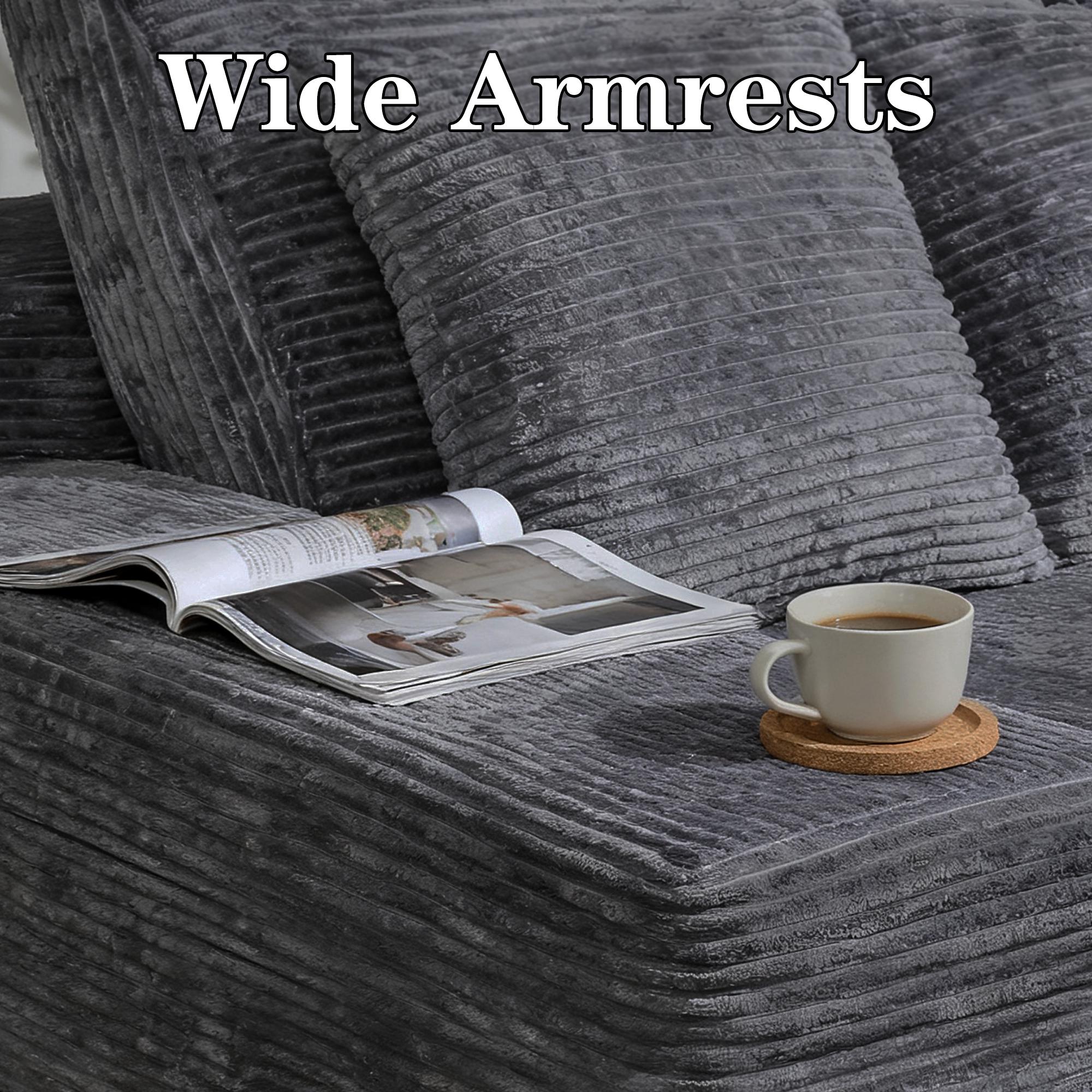 Modern L-Shaped Sectional Sofa with Chaise, Grey Corduroy Couch, Storage Pouches, Throw Pillows