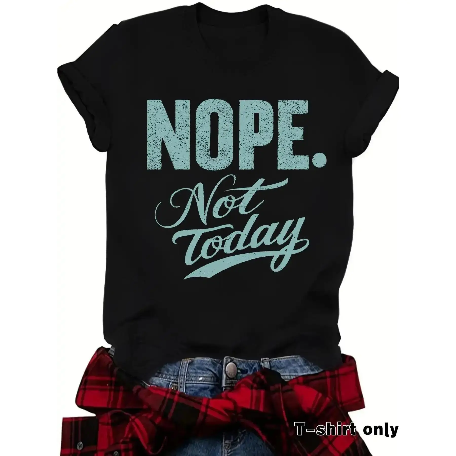 Women's "NOPE NOT TODAY" Slogan Print Round Neck Tee, Vintage Trendy Casual Short Sleeve T-shirt for Daily Wear, Ladies Summer, Top, Casual T Shirts, Womenswear