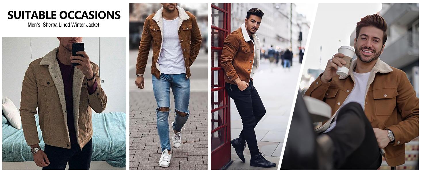 Zaitun Men's Sherpa Trucker Jacket Fleece Lined Warm Cargo Winter Coats Multi Pockets Beige Casual Longsleeves