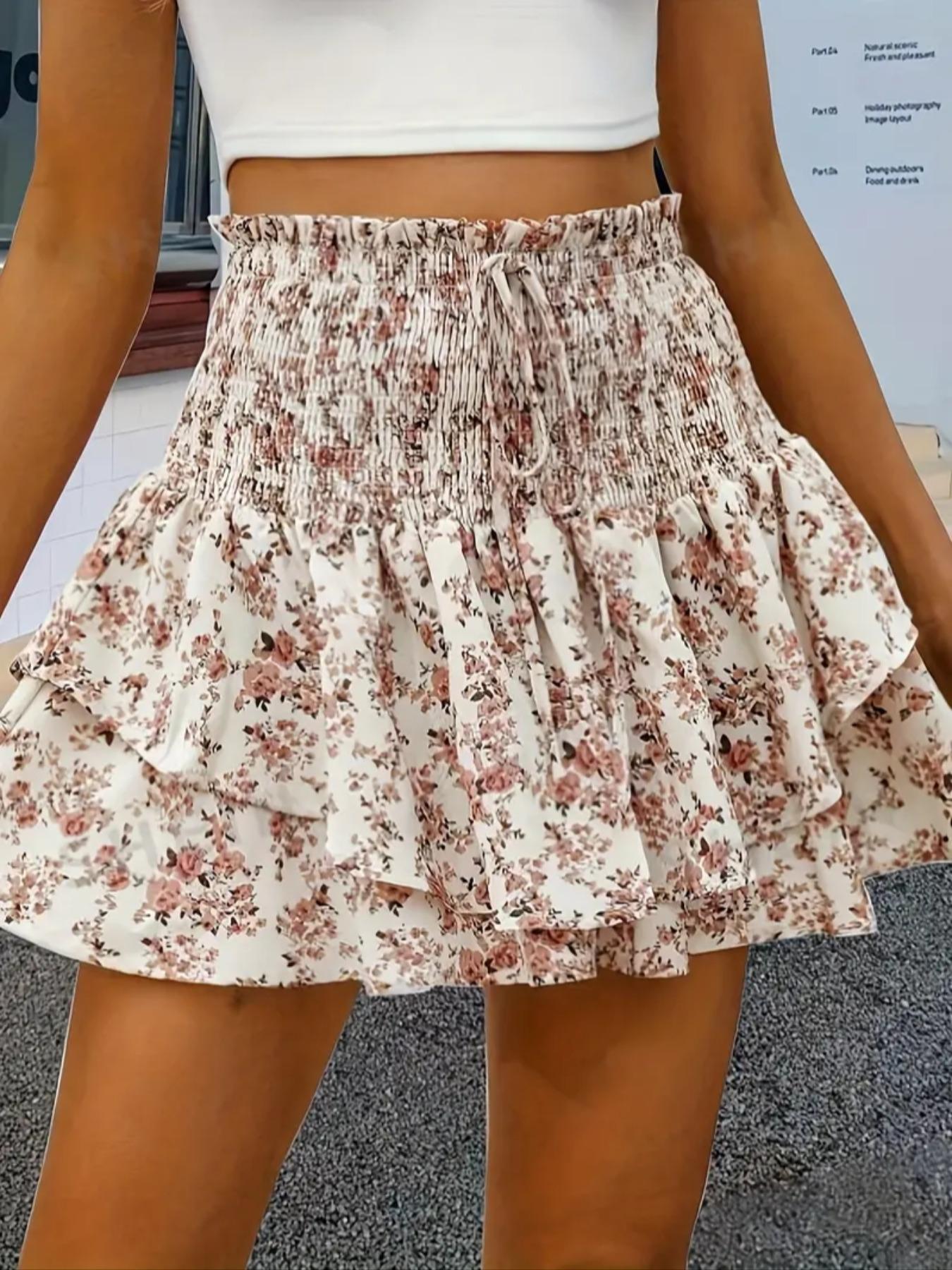 Women's Floral Print Woven Fabric Frill Trim Shirred Tiered Layer Shorts, Casual Lightweight Loose High Waist Tie Front Drawstring Wide Leg Shorts for Spring & Fall, Women's Bottoms for Daily Wear, 1 Piece Womenswear Women's Floral Print Woven Fabric Frill Trim Shirred Tiered Layer Shorts, Casual Lightweight Loose High Waist Tie Front Drawstring Wide Leg Shorts for Spring & Fall, Women's Bottoms for Daily Wear, 1 Piece Womenswear