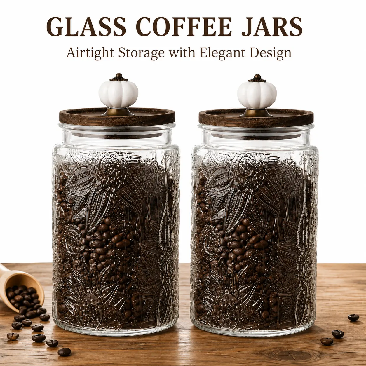 34 Fl oz Retro Square Glass Jar with Airtight Seal Lid, Glass Body Kitchen Organiser Canister with Pumpkin Knob, Airtight Food Storage for Sugar, Coffee, Decorative Pantry Home Essential