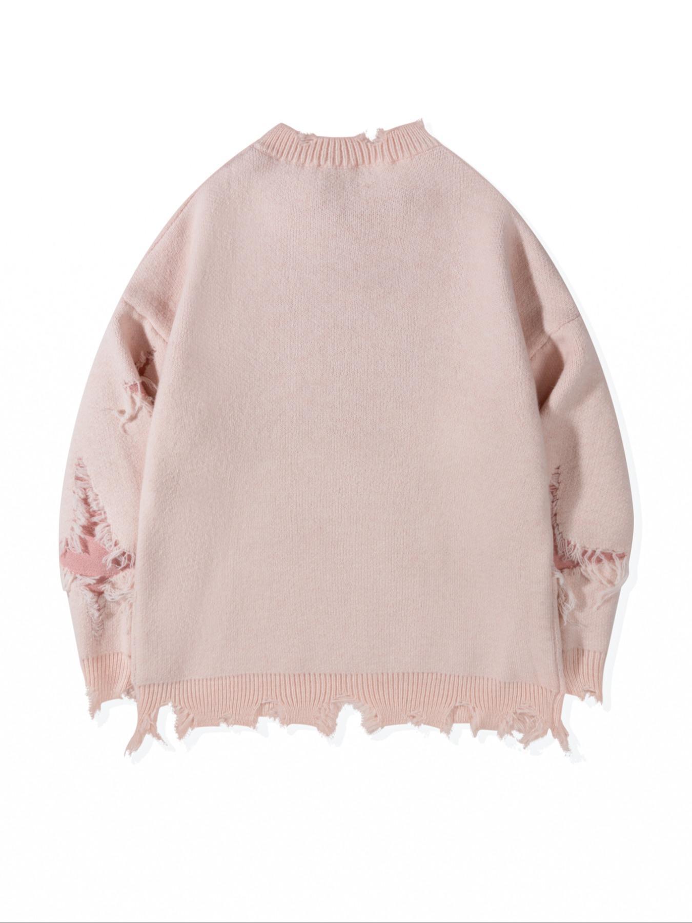 Men's Ripped Drop Shoulder Sweater Pullover, Loose Casual Street Soft Comfy Long Sleeve Round Neck Jumper for Fall, Fashion Men's Knitwear for Daily Wear