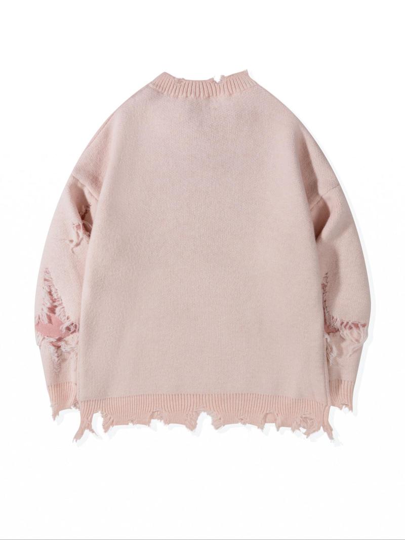 Men's Ripped Drop Shoulder Sweater Pullover, Loose Casual Street Soft Comfy Long Sleeve Round Neck Jumper for Fall, Fashion Men's Knitwear for Daily Wear