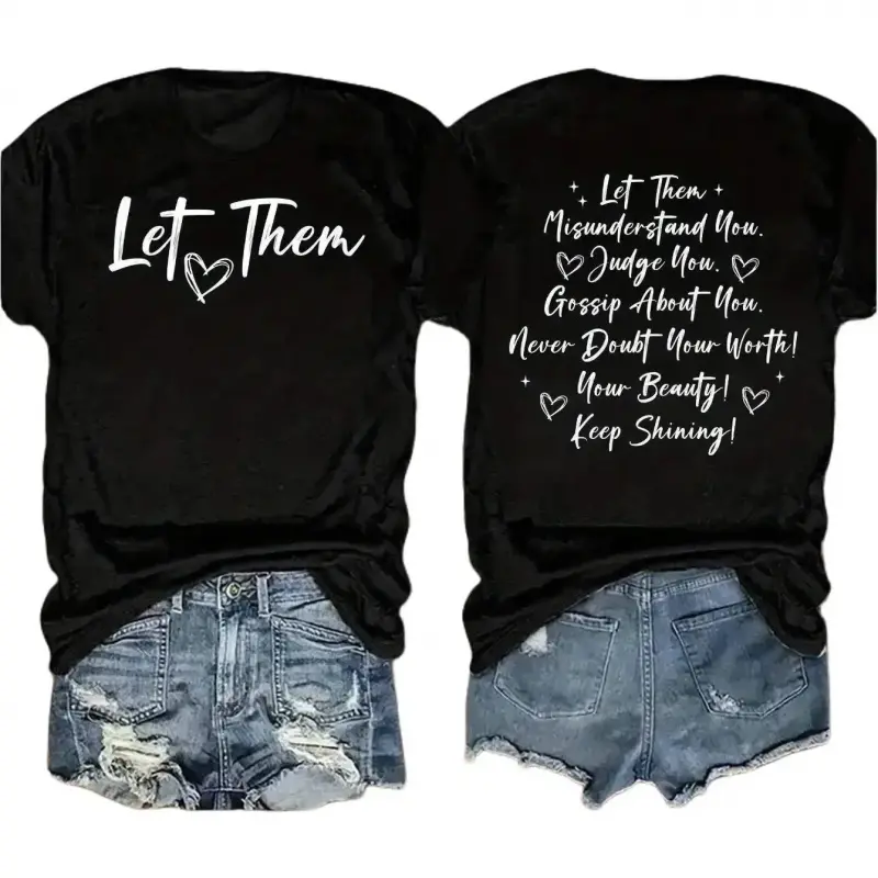 Women's "Let Them" Graphic T-Shirt, Breathable Casual Top with Double-Sided Inspirational Quote, Short Sleeve Round Neck Loose Fit, Shortsleeve, Tshirt, Fashion Apparel