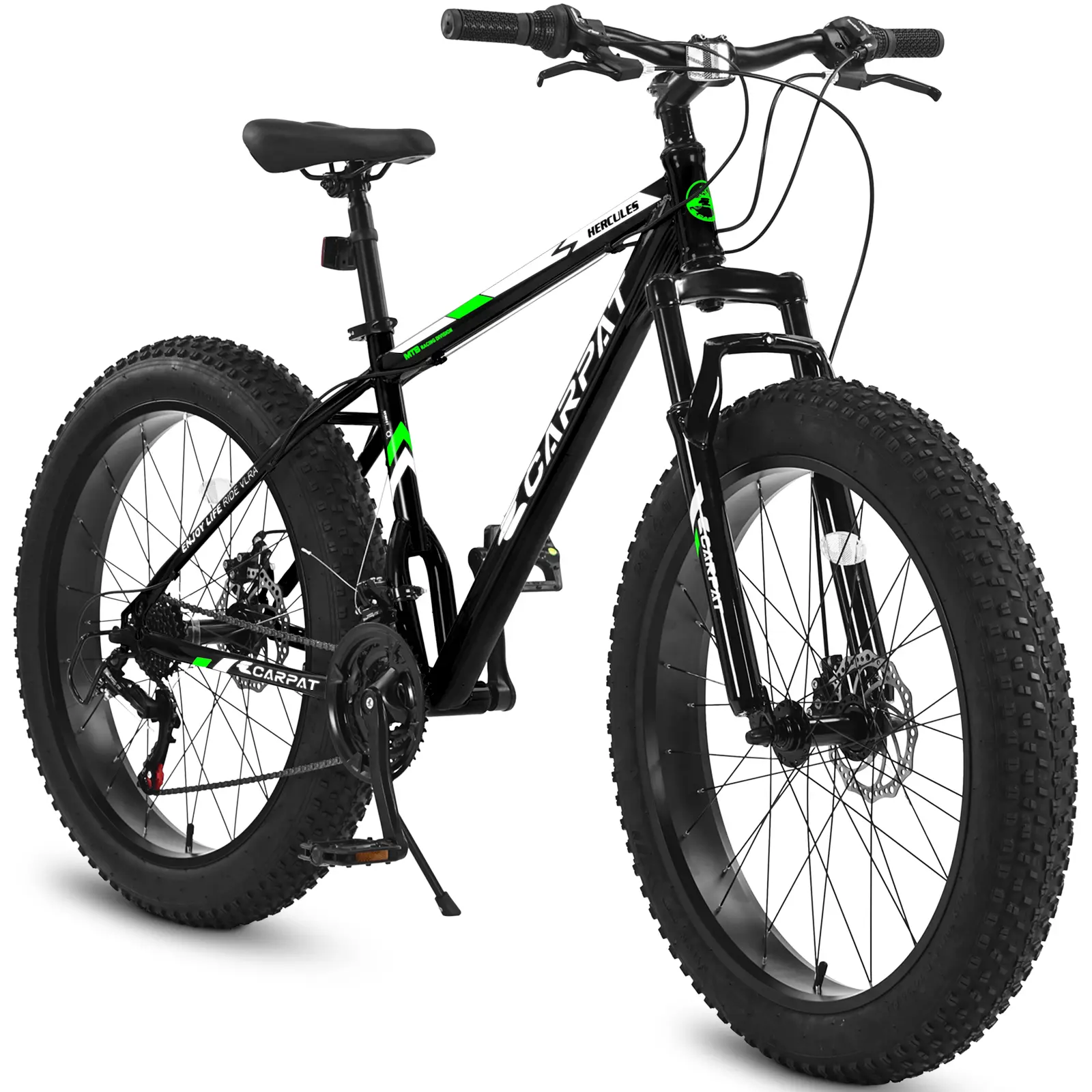 S26109 26 Inch Fat Tire Mountain Bike, Full Shimano 21 Speed, High-Carbon Steel Frame, Dual Disc Brake, Front Suspension, 4-Inch Wide Tires for Snow Sand Trail, Adult Youth Urban Commuter City Bicycle