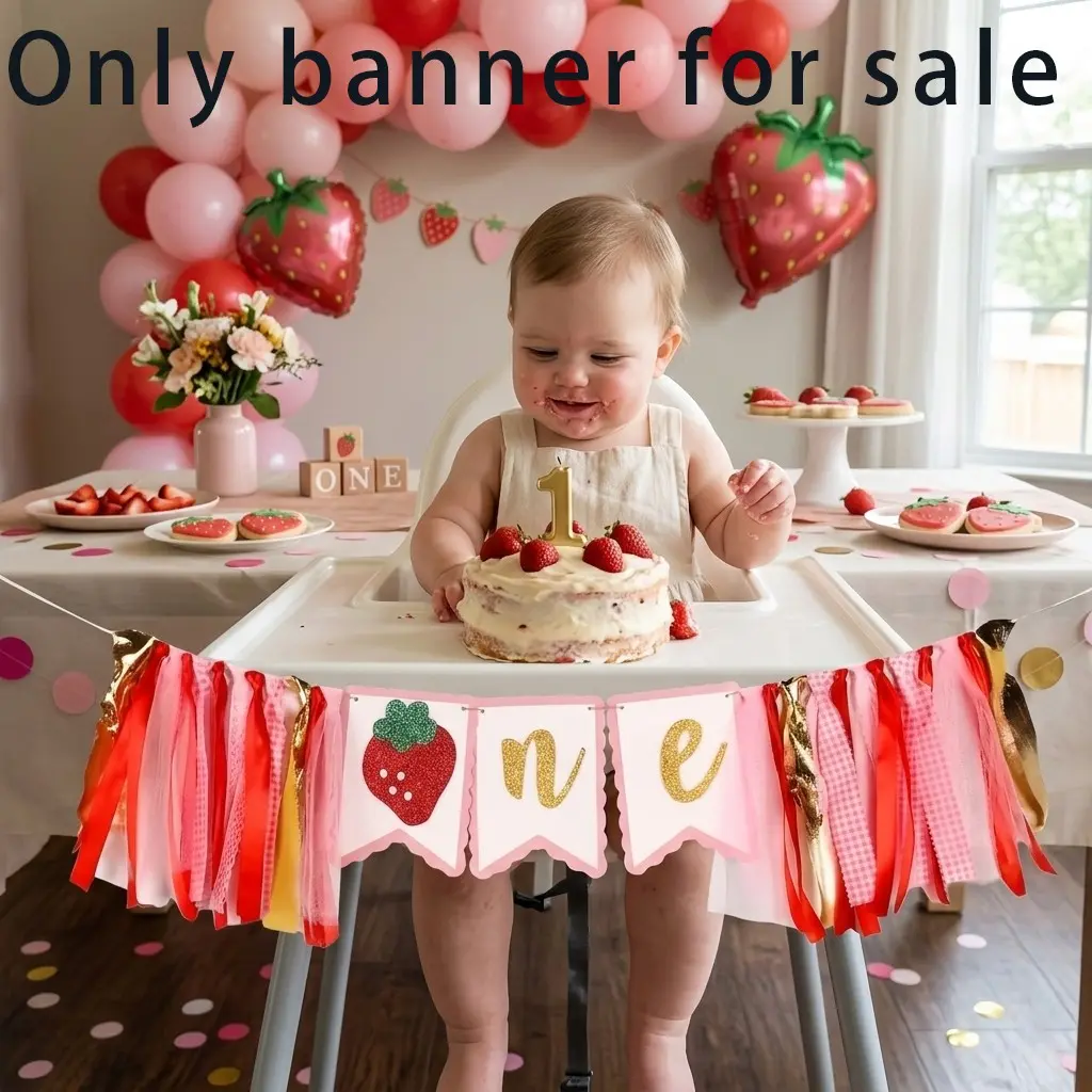 Strawberry High Chair Banner, Cake Smash Photo Prop, 1st Birthday Photography Backdrop Decor, Backdrops for Photoshoot, Sweet Kids Birthday Party Supplies, Birthday Party Decorations, Baby First Birthday Photo Booth Props, Keepsake Gift