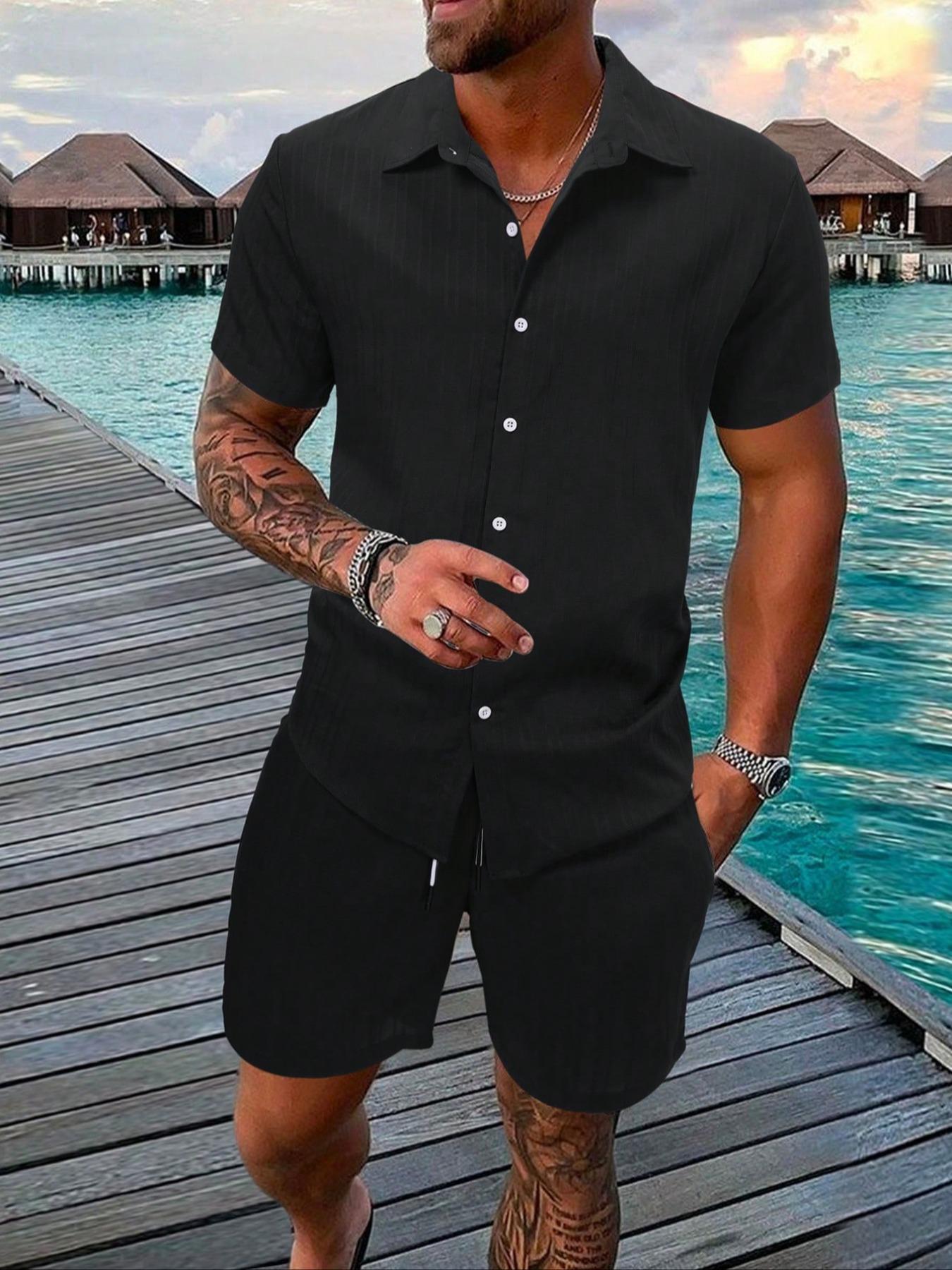 Two-Piece Set Men's Regular Fit Solid Textured Breathable Short Sleeve Shirt & Shorts, Casual Summer Set for Men, Mens Clothes for Beach Vacation