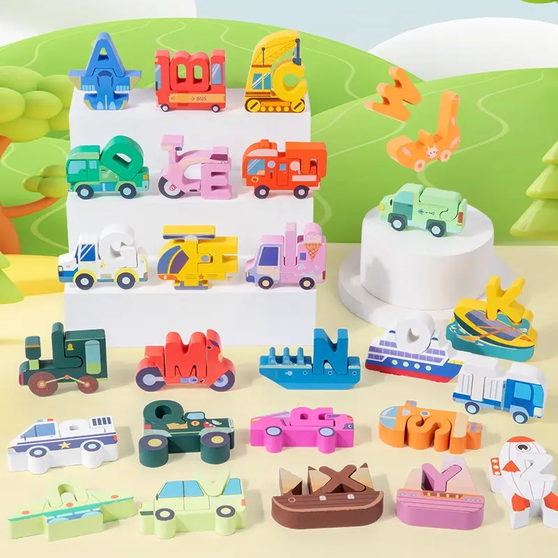 Wooden Alphabet Puzzle 26 Letters, Dinosaur Car Animal Design, Stimulates Kids' Exploration, Perfect Holiday Gift