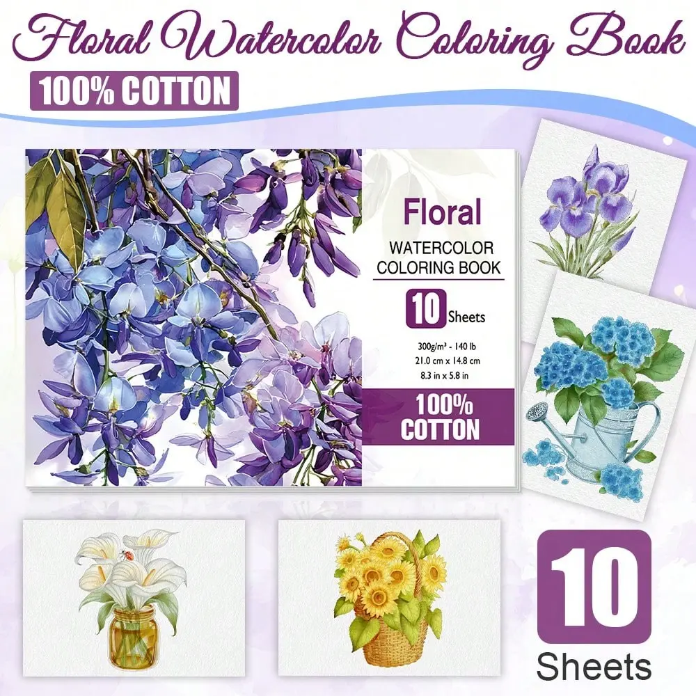 Floral Watercolor Coloring Book for Adults, 10 Sheets 300gsm Paper, 21x14.8cm Loose Leaf, Beginner-Friendly, No Bleed, Water Absorbent