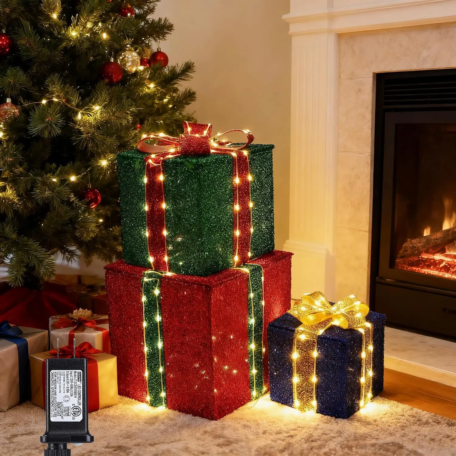 Set of 3 Christmas Lighted  Boxes(Small) | Prel-Lit  Boxes with Timer, Lighted Christmas Presents for Xmas Tree, Yard, Holiday, Indoor Christmas Decorations