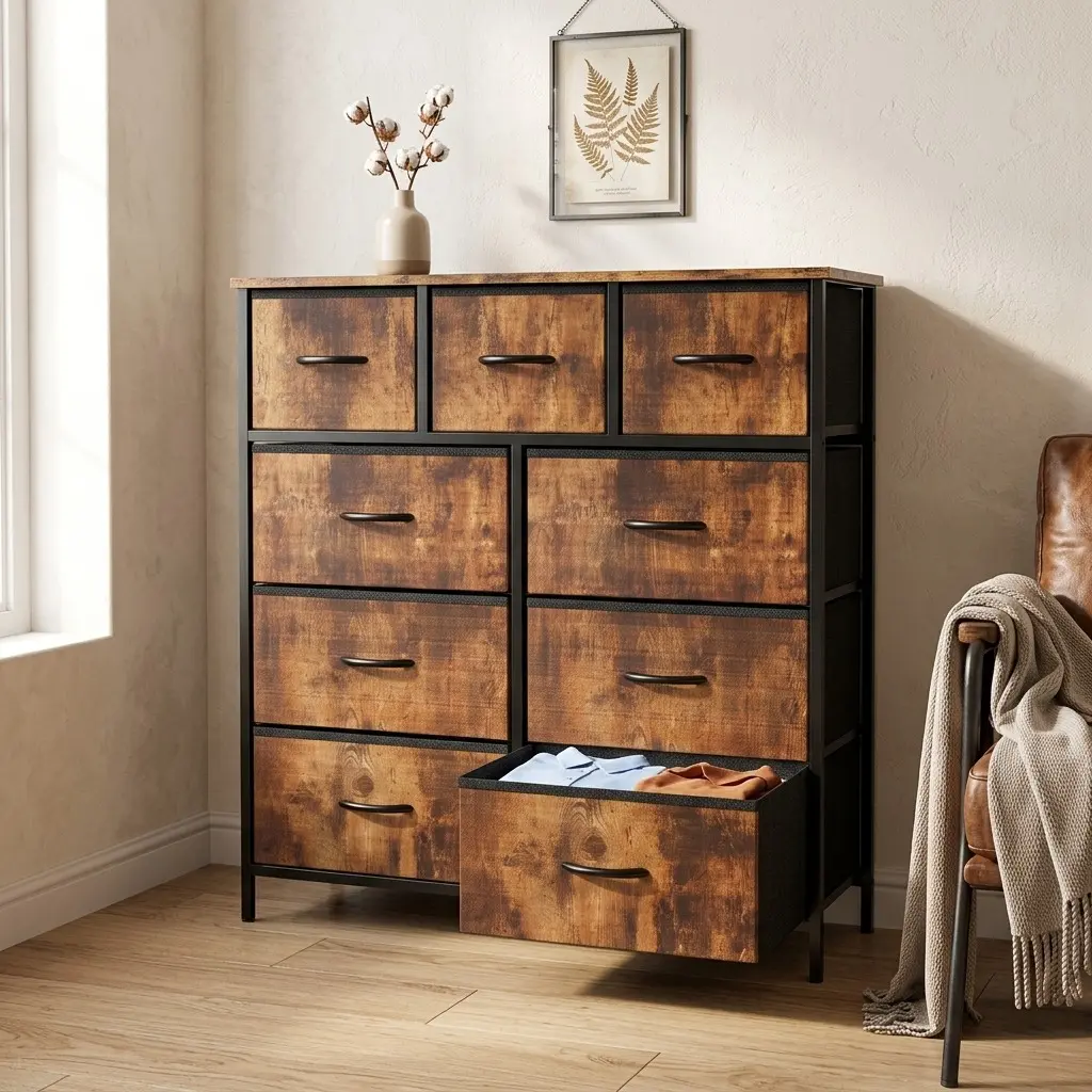 Rust Brown Tall 9 Drawer Fabric Dresser With Wood Top Thick Iron Frame Storage Chest, Large Capacity Clothes Organizer Tower Anti-Tip Design For Bedroom Closet Entryway Dorm Nursery Mini TV Cabinet Home Decor Furniture wide wooden