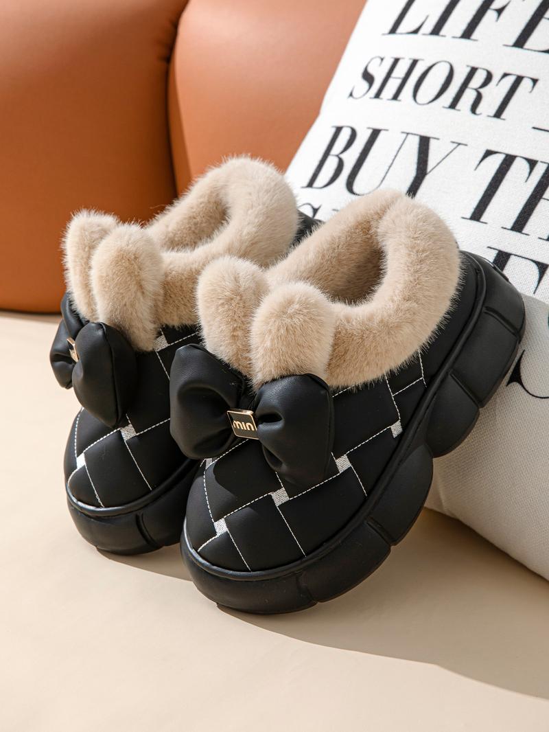 Women's Fashionable Bowknot Design Plush Slippers, Casual Comfortable Home Slippers, Warm Slippers for Indoor & Outdoor Use for Fall & Winter, Footwear, House Slippers