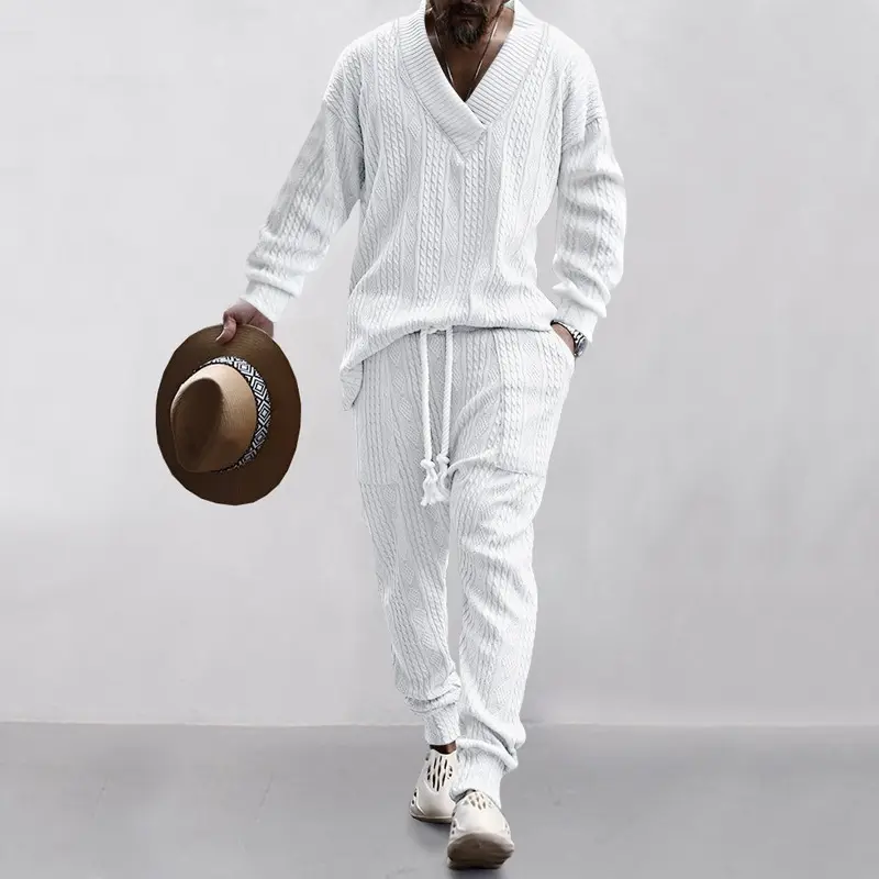 Men's Luxury Knit Two Piece Outfit, Classic V Neck Sweater and Casual Pants Set, Old Money Style Fall Winter Fashion Look