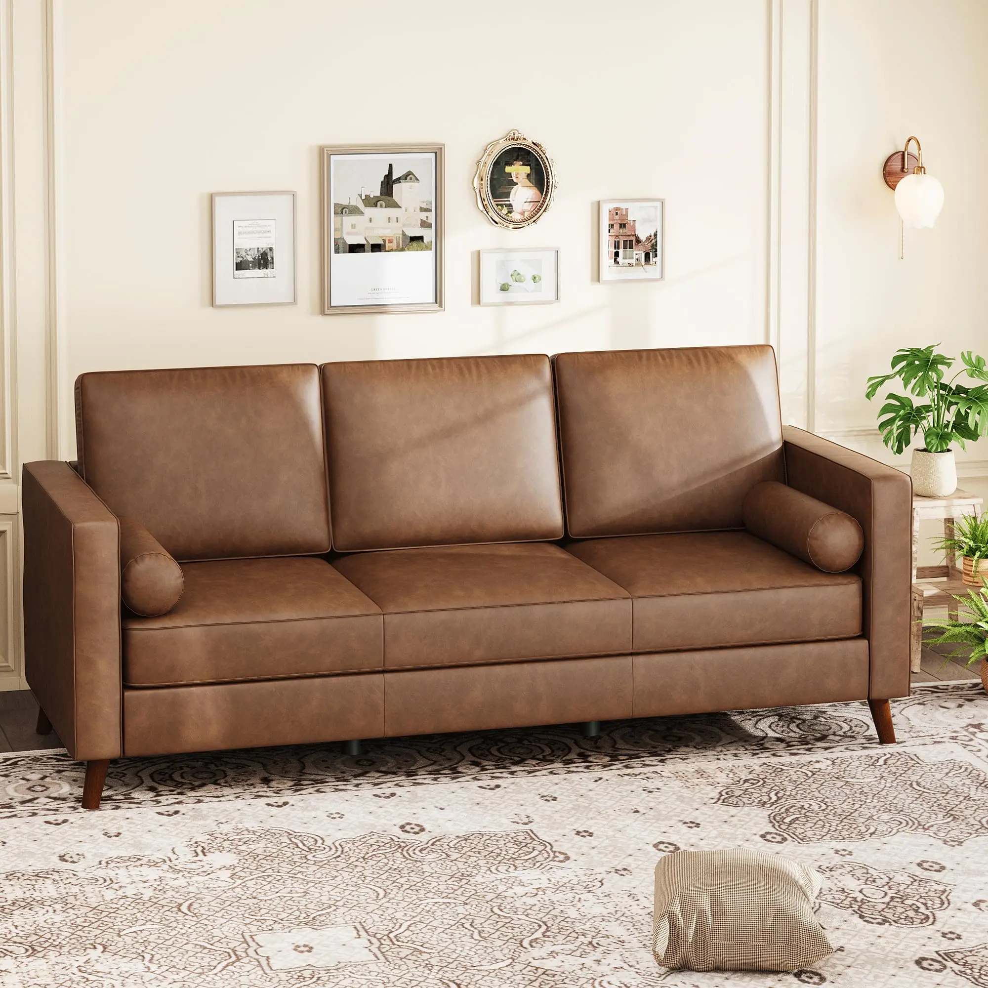 Sofa Couches set for Living Room Mid-Century Modern modular Chenille Sectional Sofa Decor Faux Leather Couch with Deep Seat&Cloud Cushions&2 Pillow, 3 Seater Home Sofa Living Room Brown Loveseat for Office, Bedroom, Apartment