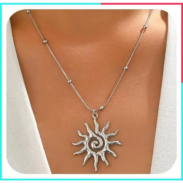 18K Gold Plated Sun Pendant Necklace for Women - Non Tarnish, Adjustable Boho Vintage Sunburst Charm with CZ Accents, Statement Dainty Jewelry Gift