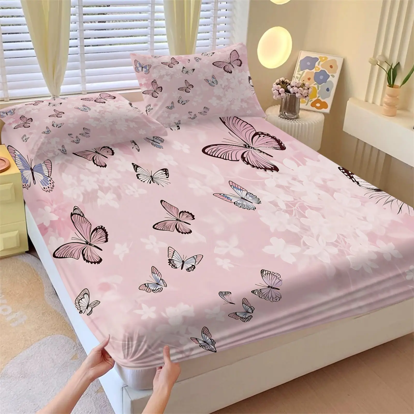 Dreamy Pink Butterfly Floral Fitted Sheet Set, 1 Fitted Sheet + 2 Pillowcases - 3 Piece Soft Breathable Deep Pocket Bedding, Cute Girly Style Floral Bedsheets for Bedroom Dorm Decor, Full Size