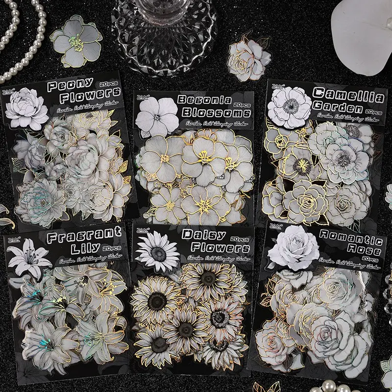Yuezhen Flower Scented Embossed Hand Account Sticker Pack, Vintage Cross-Border Stickers, Retro Diary Material, Decorative Paper Supplies