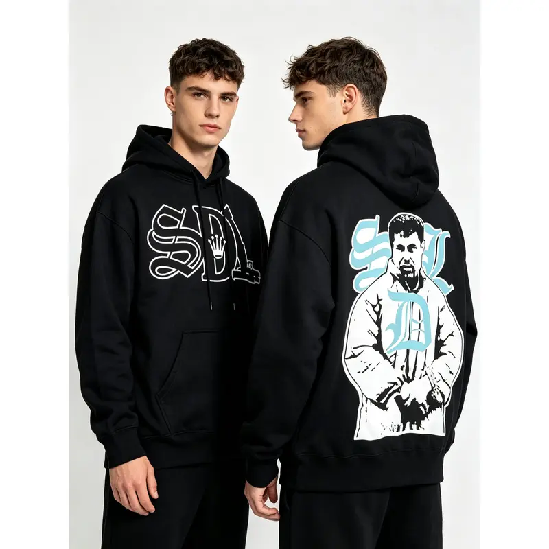 Men's Unisex Chicano Streetwear Graphic Hoodie - Zip-Up Pullover, Regular Fit, Cotton Blend Fleece, Soft Thick Fabric, Attached Hood, Kangaroo Pocket, Ribbed Cuffs, Large Print, SDL Logo & Canelo Alvarez Illustration, Black/White/Light Blue, Machine Wash