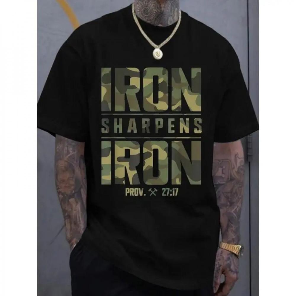 Men's Loose-Fit Printed T-Shirt - "Sharpen the axe" and Proverbs 27:17 Bible Verse design, geometric print casual street style T-shirt, breathable summer top, machine washable, summer fashion|     Durable fabric