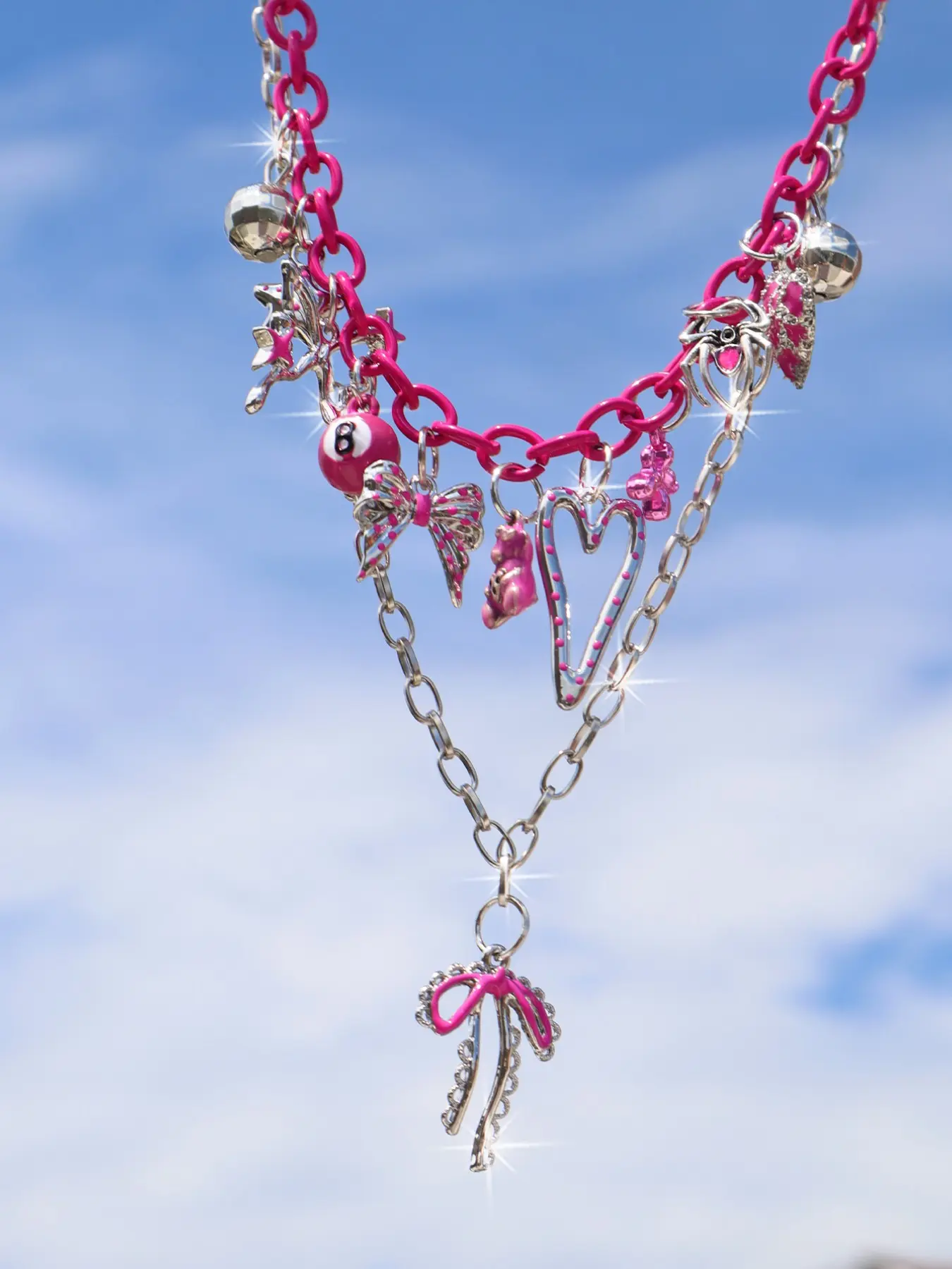 Leopard Print Star Cross Charm Layered Necklace, Snake Heart Polka Dot Necklace, Butterfly Knot Necklace, Unique Fashion Jewelry