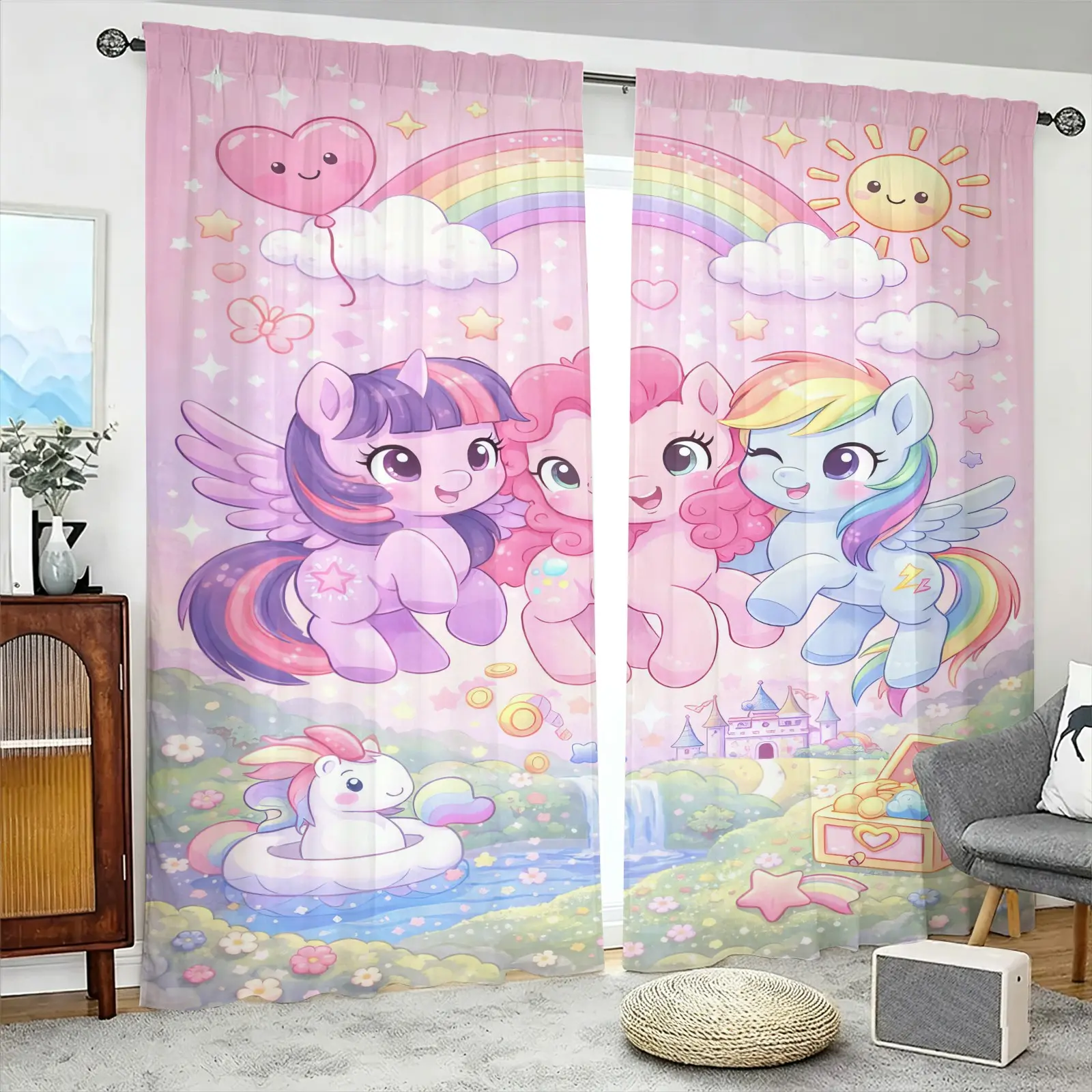Cartoon Pony Rainbow Print Flannel Window Curtains 2 Panels, Pink Fairytale Sun Cloud Castle Pattern Soft Flannel Rod Pocket Drapes, Semi Blackout Privacy Curtain, Machine Washable, Sweet Home Decor for Girls Kids Bedroom