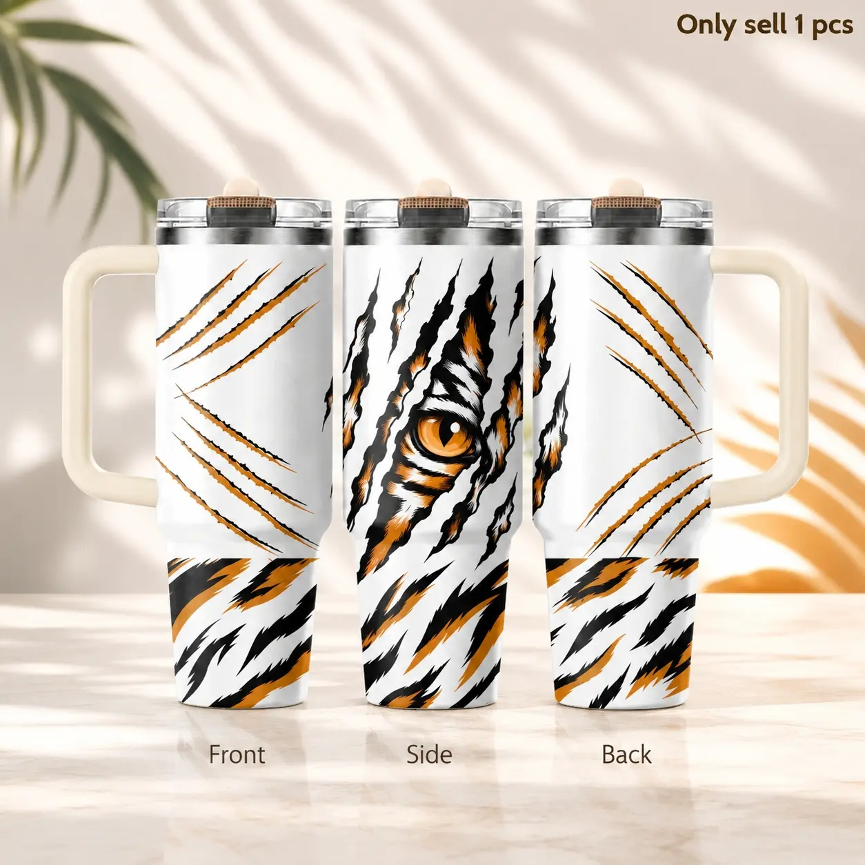 Tiger Scratch Design 40oz Tumbler – Stainless Steel Insulated Travel Mug with Handle & Straw Lid, Leak-Proof Cup for Water, Iced Coffee, Gym, Office, Car, Gift for Animal Lovers