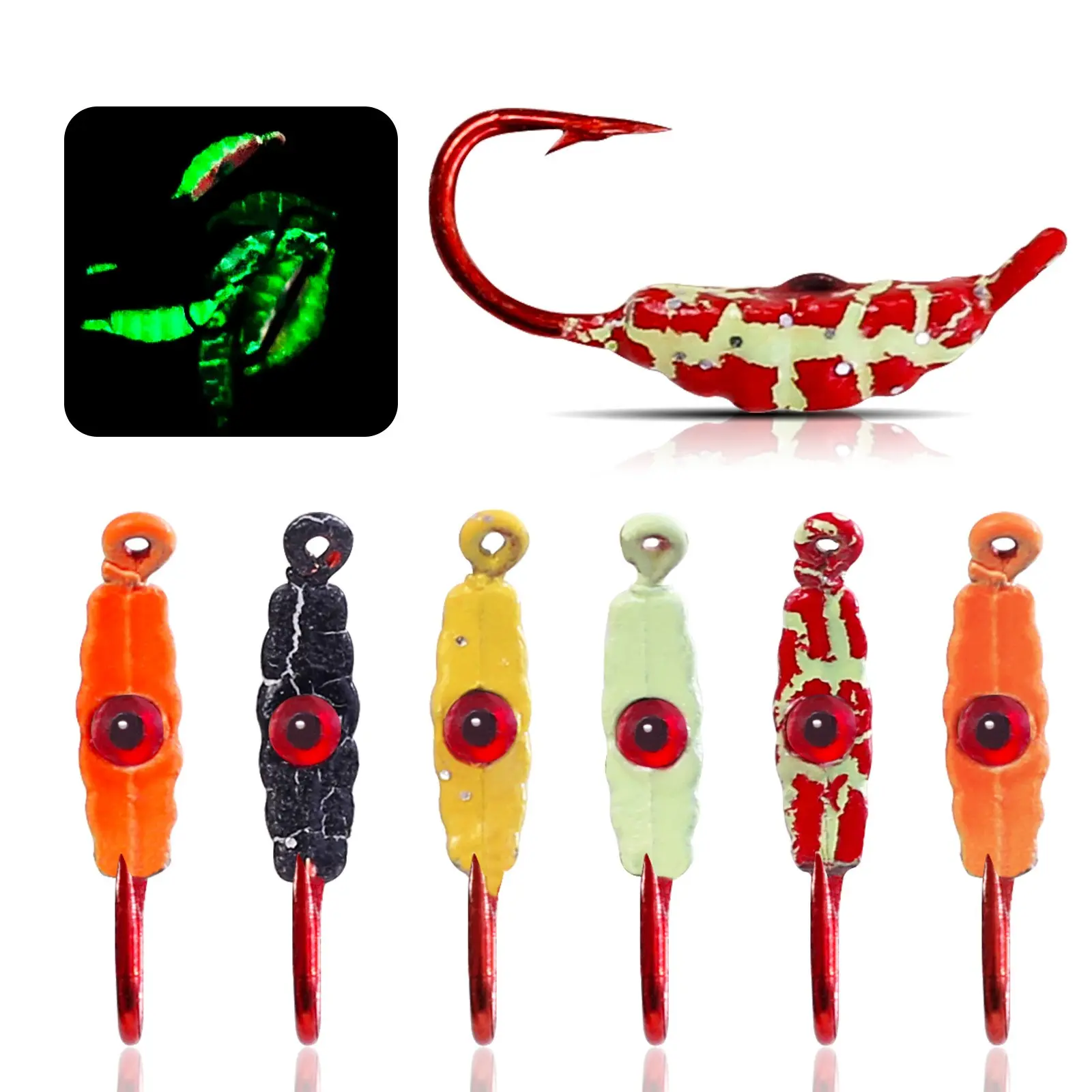2026 New Glow in Dark Ice Fishing Jigs, Mini Worm Shape Lead Jig Hooks, 3D Fish Eyes, Carbon Steel, Winter Lures, Artificial Lures, Lure with Hook for Crappie Perch Walleye Trout Panfish
