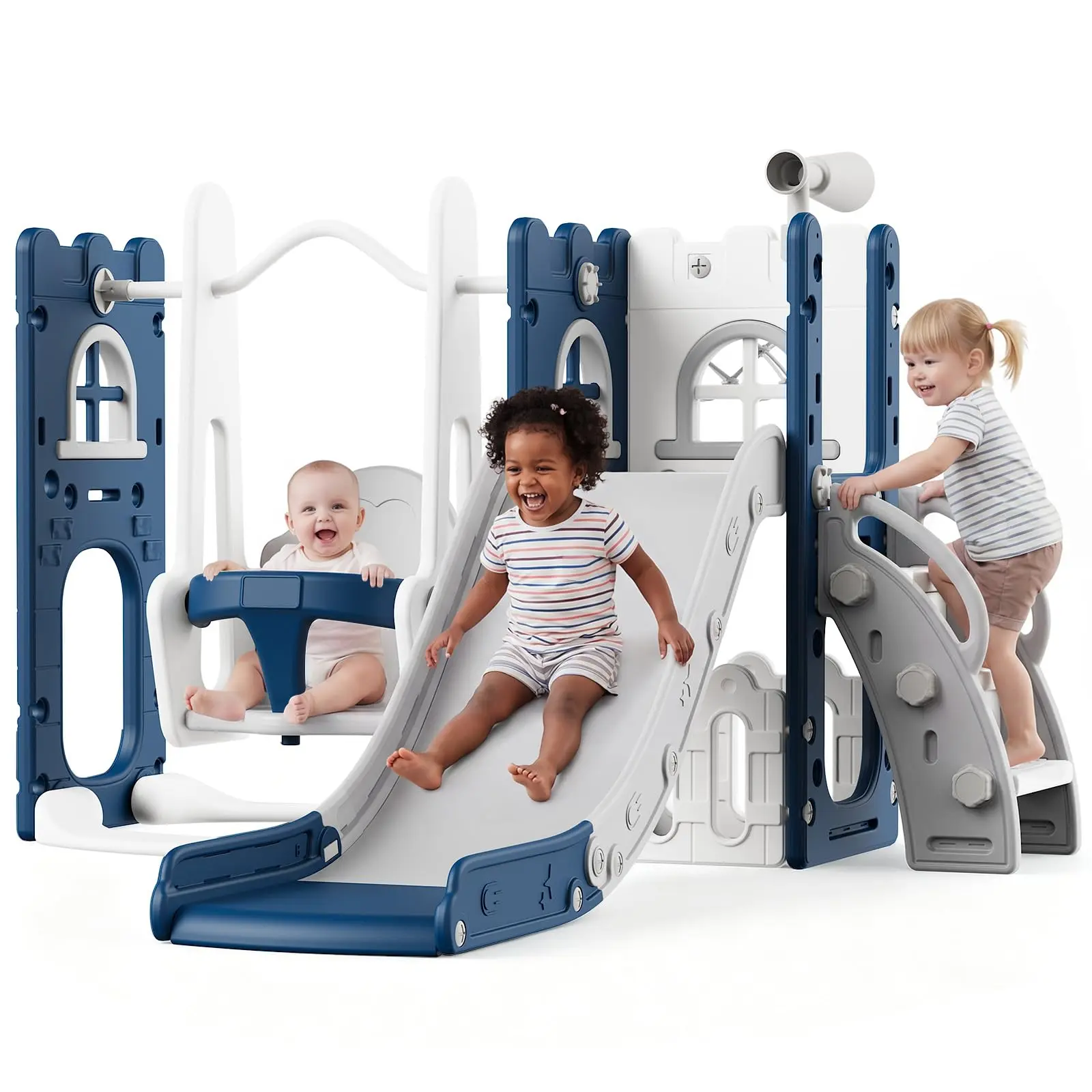 7-in-1 Toddler Indoor Playground Slide and Swing Set, Kids Freestanding Toddler Slide Pwith Basketball Hoop, Telescope, Climber, Safe Enclosed Steps for Backyard & Courtyard Fun,Blue+Gray/Grey+White/Green+Yellow