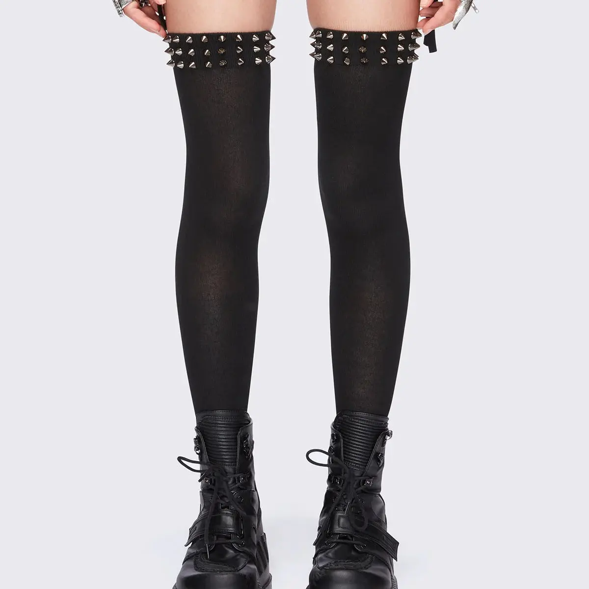 Stretchy Black Spiked Rivet Trim Thigh High Socks, Y2K Punk Long Over Knee Socks, Trendy Women Streetwear Hosiery