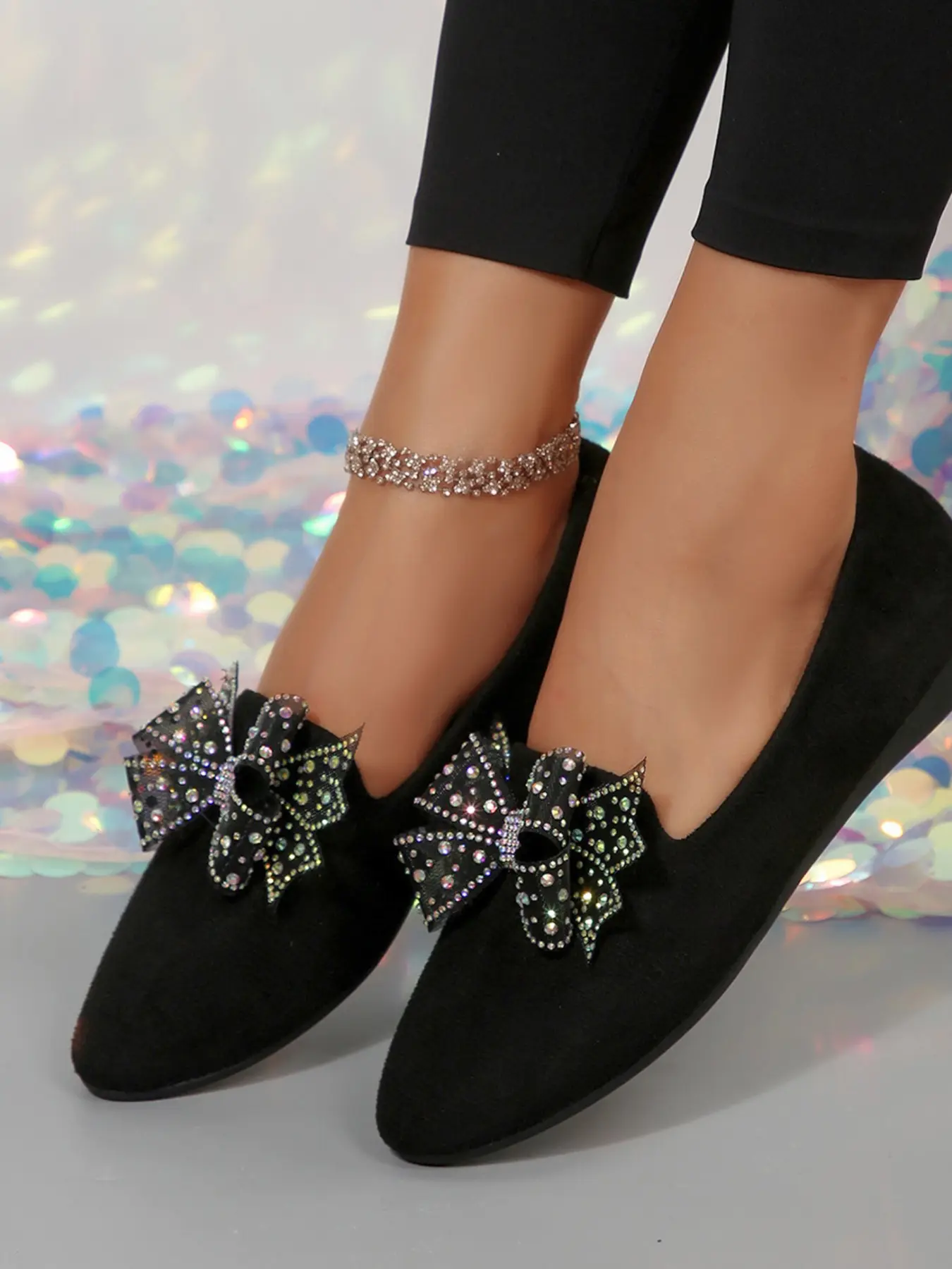 New Arrival Fairy Dust Rhinestone Flower Pointed Toe Slip-On Flat Shoes, Velvet Low Heel Soft Sole Lazy Single Shoe, Elegant Rhinestone Decorated Versatile Women's Shoes