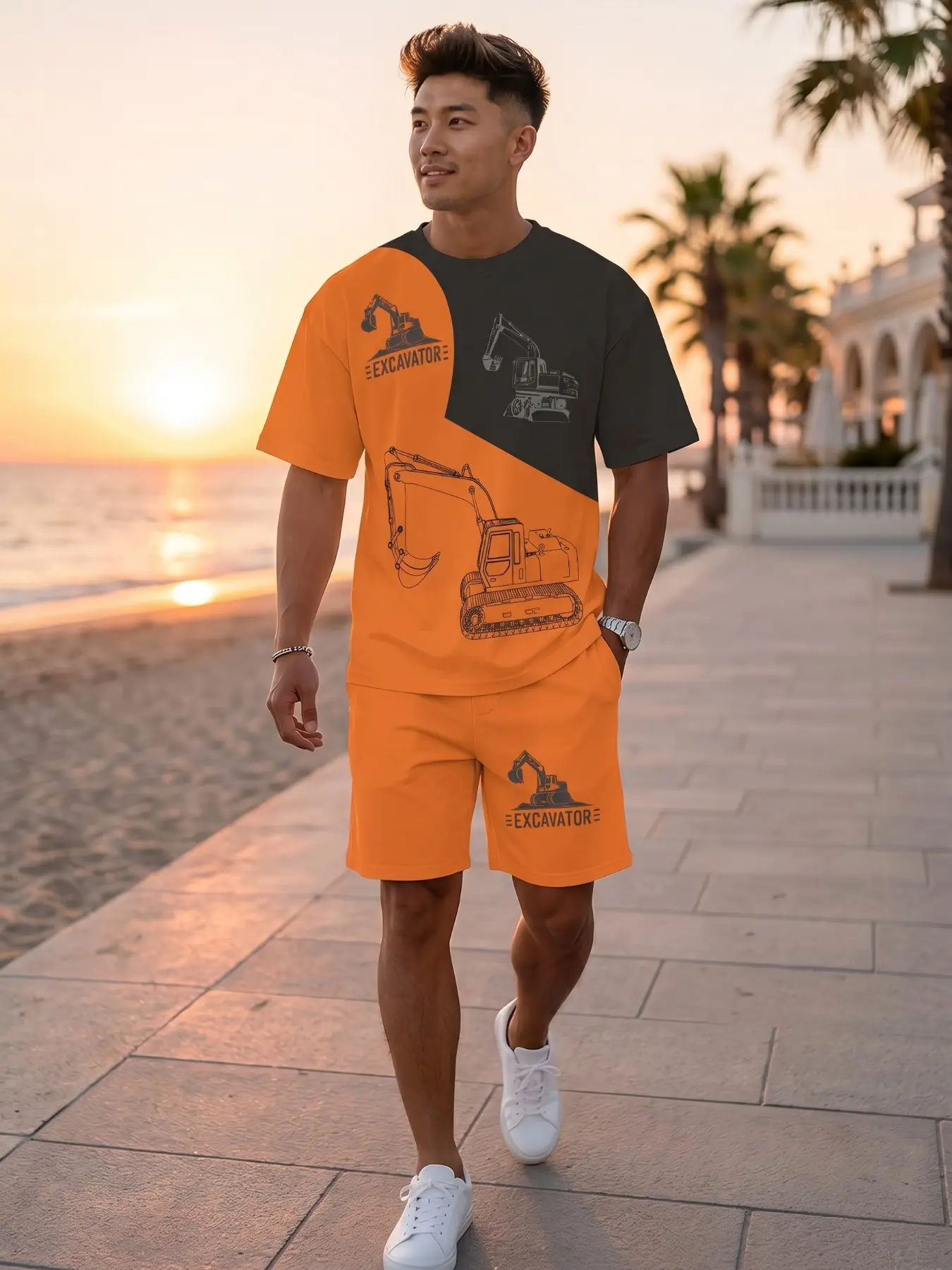 Men's Summer Construction Truck Theme Short Sleeve Shorts Set, Colorblock Excavator Print Casual Sportswear, Comfortable and Stylish
