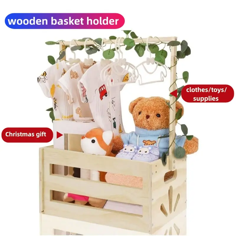 A modern wooden basket holder with handle, DIY-functional storage box, newborn welcome gift basket, baby clothes/toys/supplies storage, open lid design, ideal for storage and decoration
