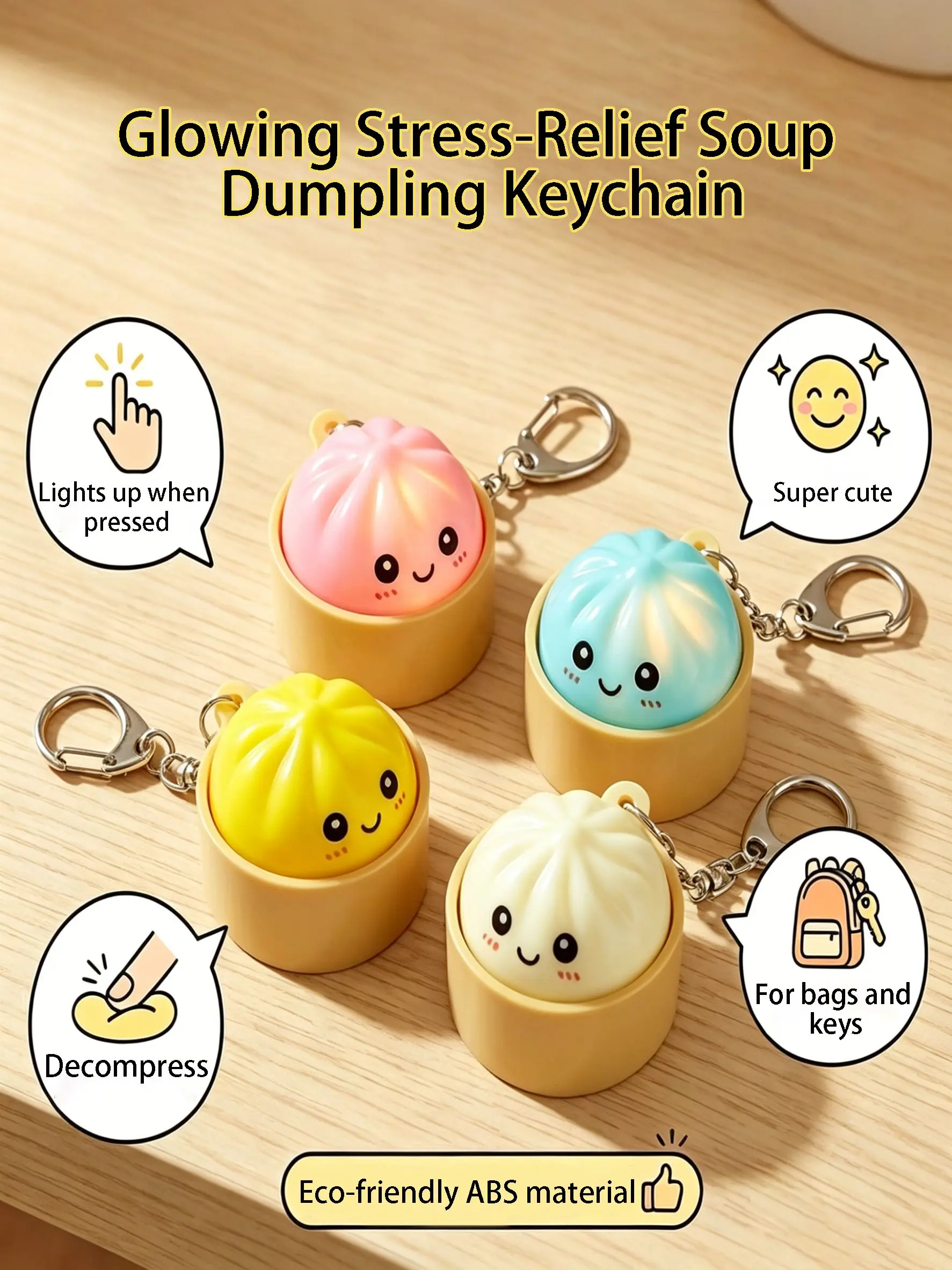Bag Pendant Light-Up Mini Soup Dumpling Keychain, Aesthetic Keychain, Push-Bubble Stress-Relief Bag Charm Available In Multiple Colors Resistant To Fading, Drop-Resistant, And Wear-Resistant For Bags And Keys Holiday Gifts Gifts For Children