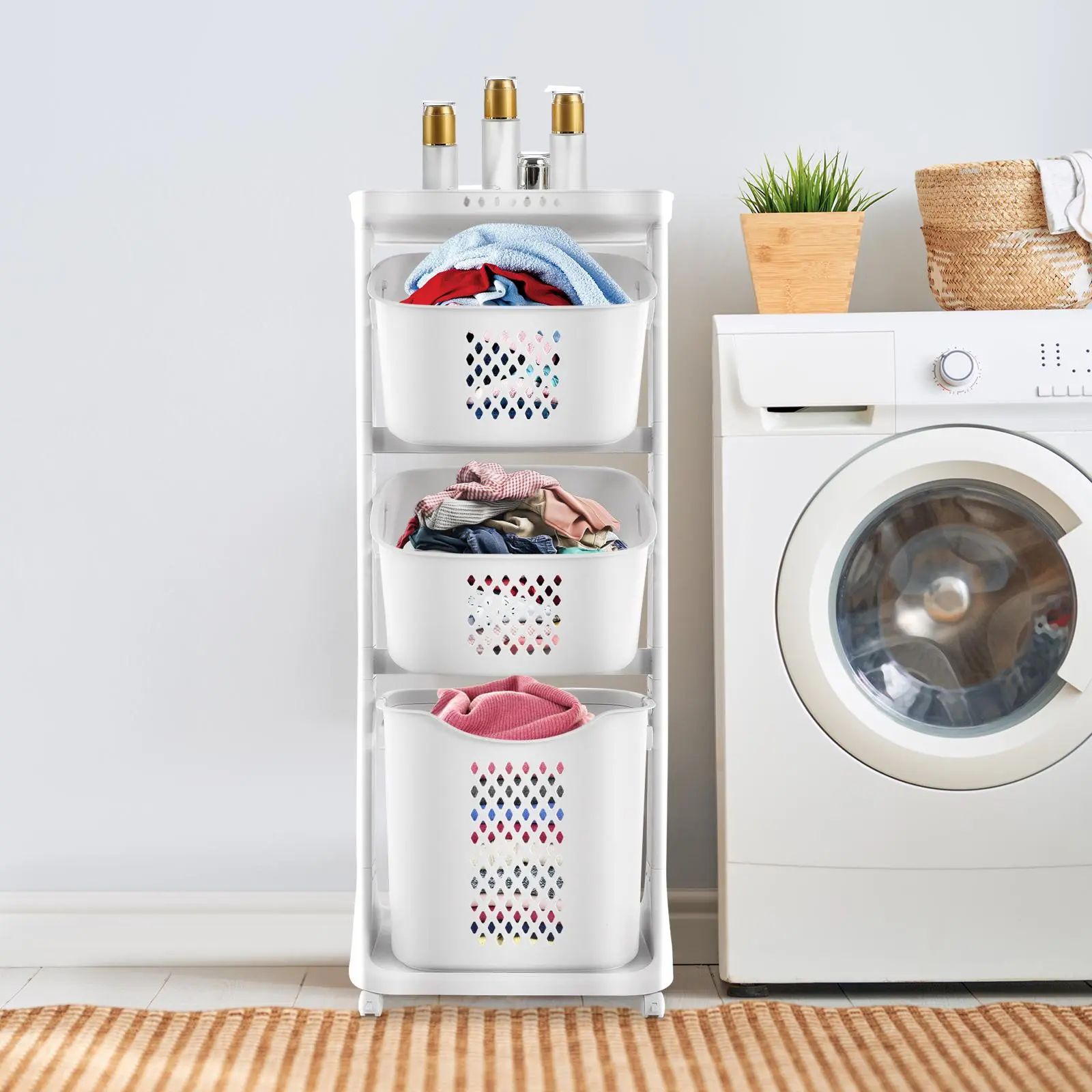 3 Tier Laundry Hamper Basket Sorter W/Wheels & Handle,Clothes Storage Organizer Rolling Cart For Bathrooms Bedrooms, 360° Pulley/Smiley Arc Design, For Clothes,Toiletries,Snacks