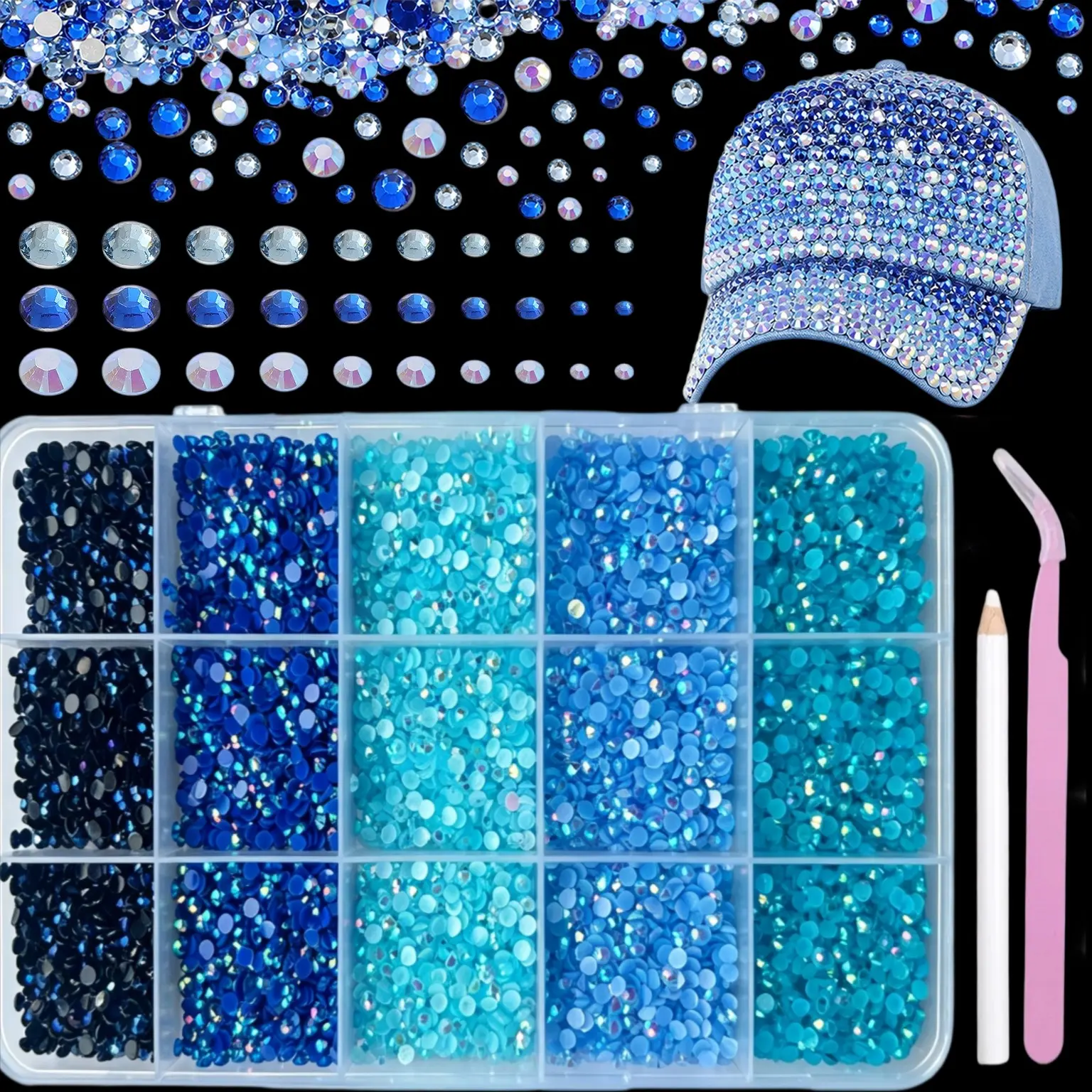 15-Grid Oceanic Blue Resin Rhinestones, DIY Kit for Nail Art, Jewelry Decoration, Perfect for Crafting and Personalization