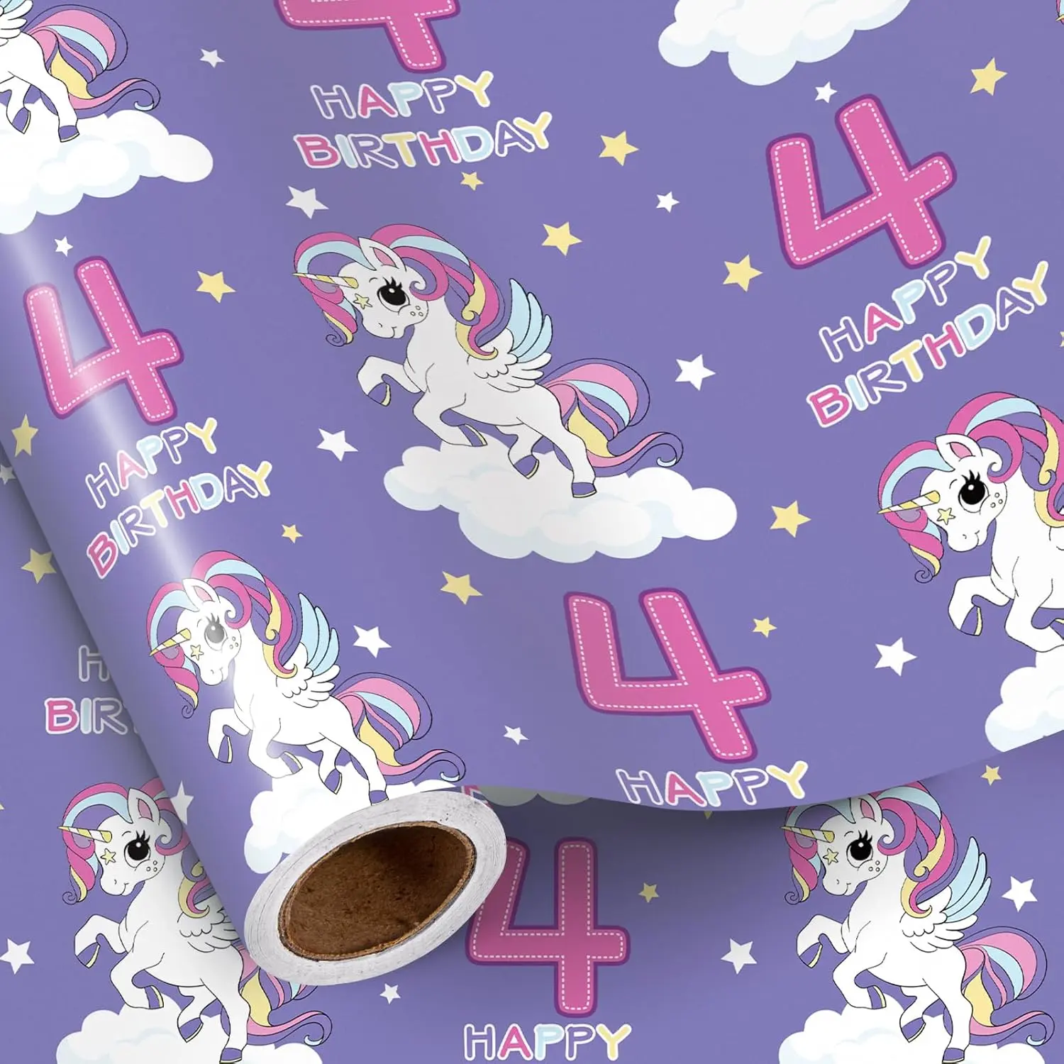 RUSPEPA Unicorn Birthday Wrapping Paper Roll,Purple Dreamy Unicorn Gift Wrap with Number Design for 3rd 4th 5th 6th Birthday Party, Cute Fantasy Gift Wrapping Paper for Toddler Girls,Princess Theme,Kids Celebration, Baby Girl Gifts,17 Inch x 16.4 Feet
