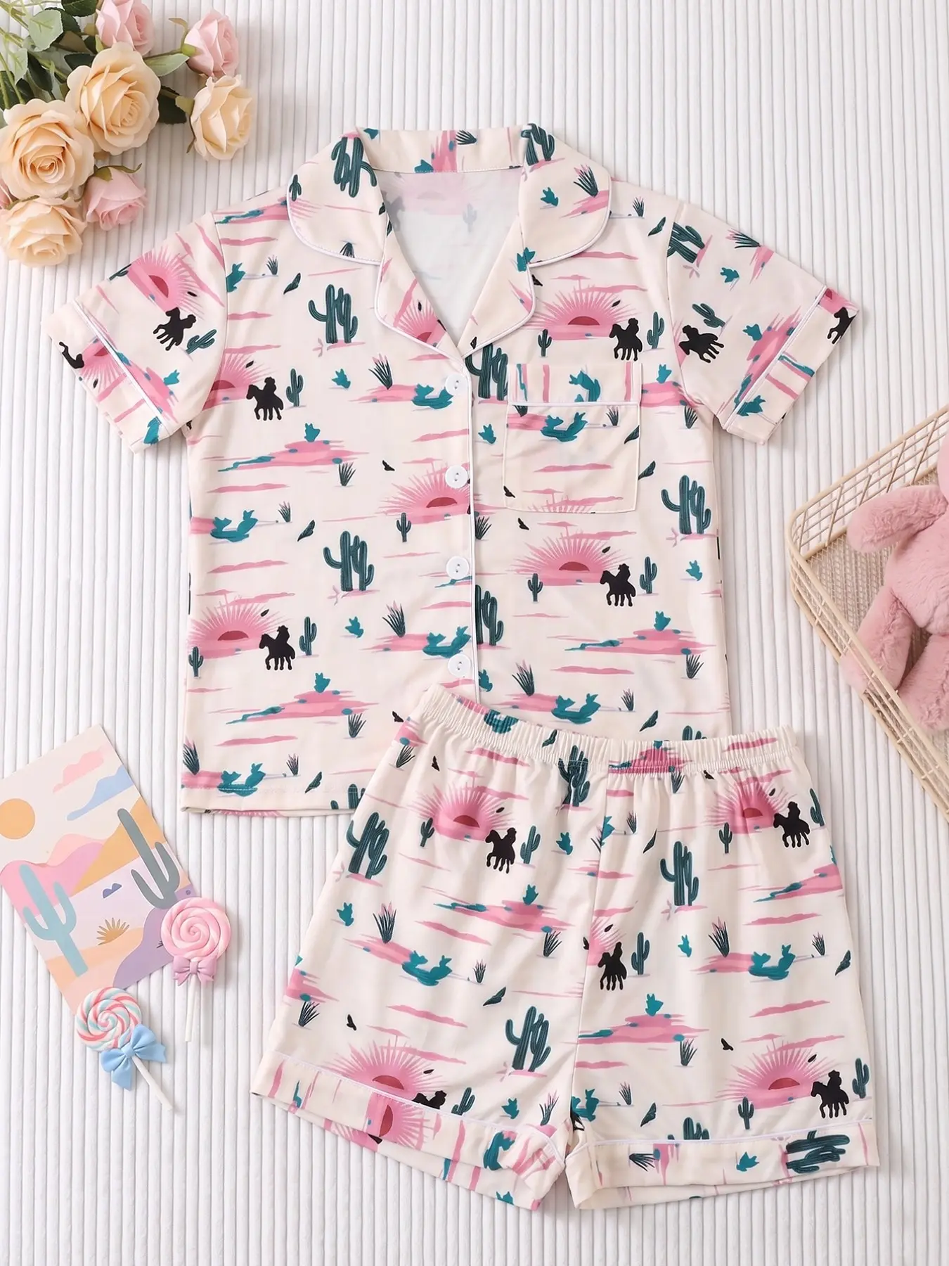 Girls' Printed Button Front Short Sleeve Pajama Set, Elegant Casual Home Wear, Summer Lightweight Comfortable Fire-Resistant Sleep Experience