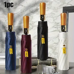 Premium Fully Automatic Triple Fold Wooden Handle Umbrella, Windproof Enlarged Canopy, Glue, Portable Business Umbrella for Men, Perfect for Golf & Outdoor Activities, Multiple Colors