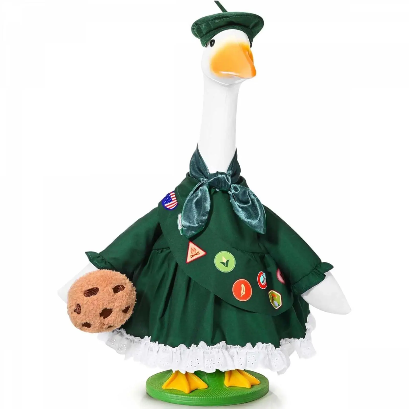23-Inch Porch Goose Scout Costume Set, Casual Outdoor Polyester Green Uniform with Beret, Scarf, Badge Sashes & Cookie Prop Accessories