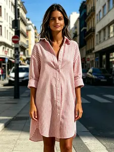 Vertical Stripe Loose Shirt Dress Women, Turn-Down Collar Single Button Midi Dress, Summer Beach Vacation Front Short Back Long Chic Casual Dress Striped