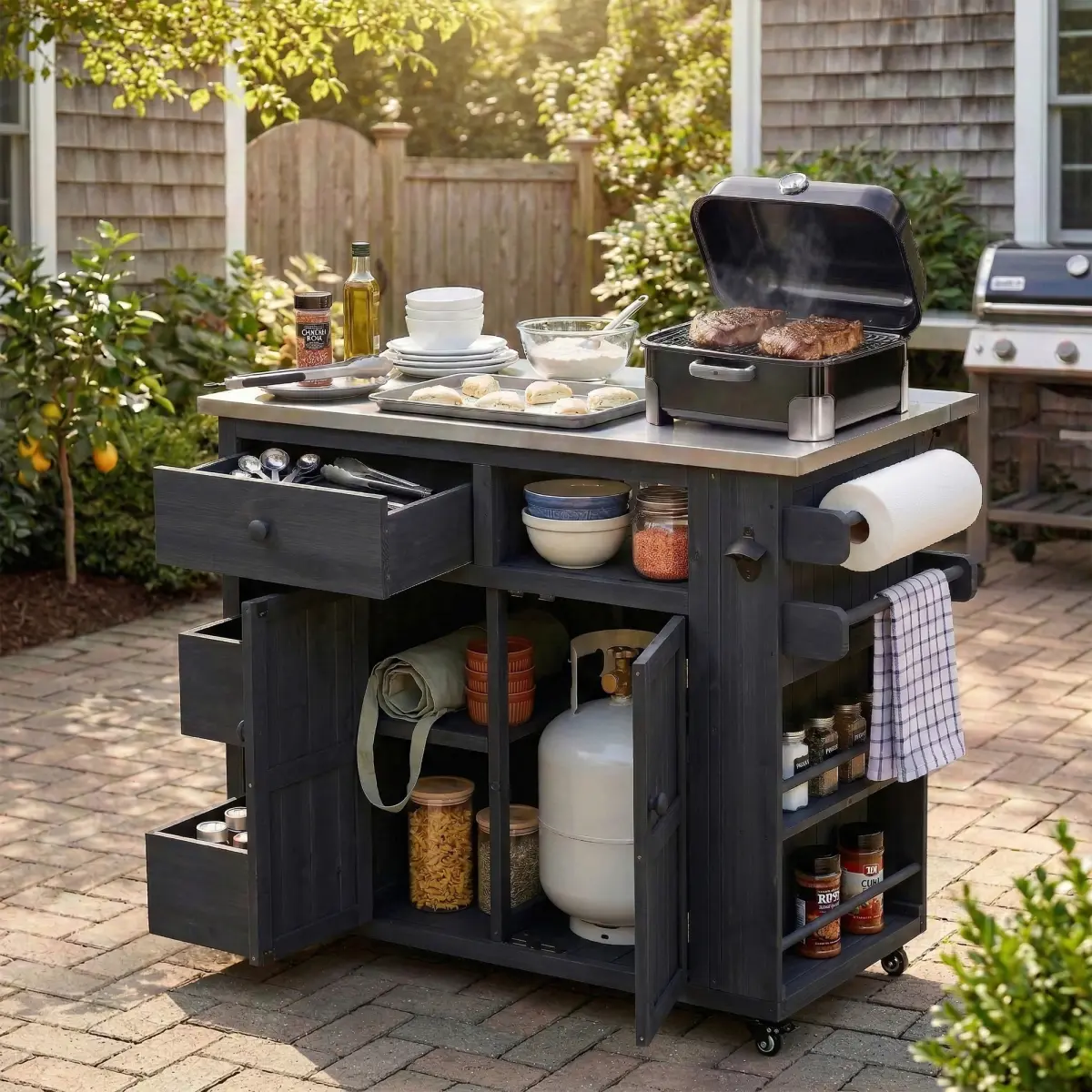 Kitchen Island Outdoor Solid Wood Extendable 19.3''/28'' Kitchen Island, Stainless Steel Top Grill Table with Side Spice Rack, Kitchen Cart with Drawers, Storage Cabinet for Backyard, BBQ,Party, Black