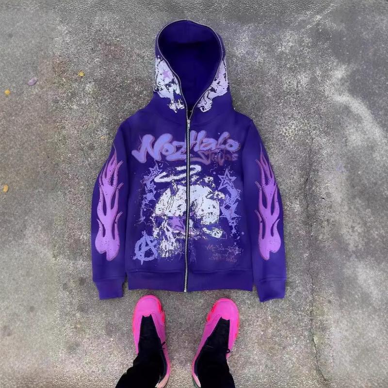 Streetwear Zip Hoodie Vintage Harajuku Cartoon Print Oversized Sweatshirt