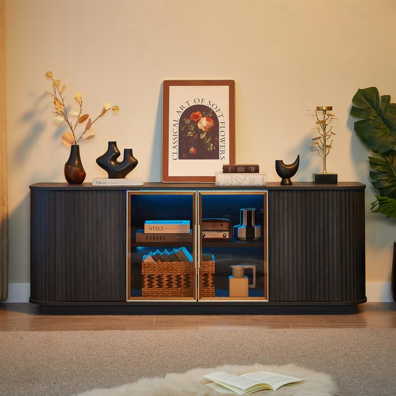 64-Inch Wavy TV Cabinet, Round Sideboard, Wooden Vertical Stripe Storage Cabinet, Aluminum Door Framed Tempered Glass Cabinet for Living Room/Bedroom/Entryway. Black 64-Inch Wavy TV Cabinet, Round Sideboard, Wooden Vertical Stripe Storage Cabinet, Aluminum Door Framed Tempered Glass Cabinet for Living Room/Bedroom/Entryway. Black