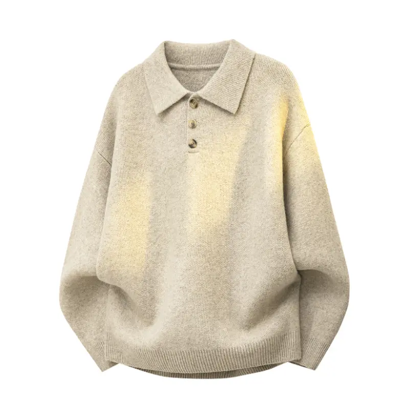 Light oatmeal polo collar knit sweater with three-button henley placket, soft thick knitted fabric, relaxed loose cut, ribbed hem and cuffs, casual versatile style ideal for daily outings and relaxed indoor leisure activities # SummerWins