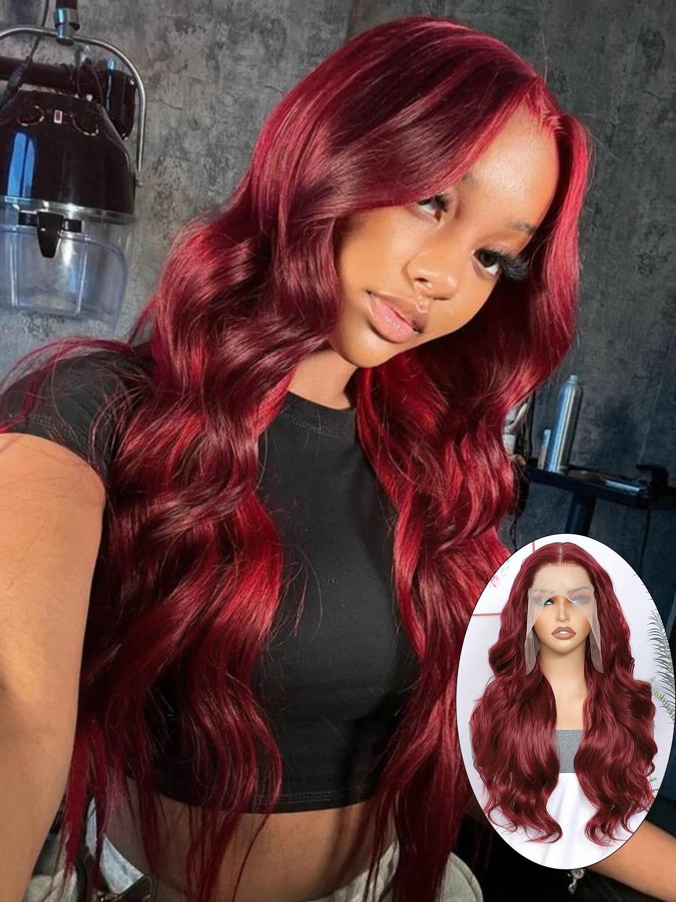 24 Inch Burgundy/Ginger Long Body Wavy Wigs for Women, Gorgeous Fluffy Natural Looking Wigs without Bangs, Synthetic Heat Resistant HD Lace Front Wigs for Party, Daily Use