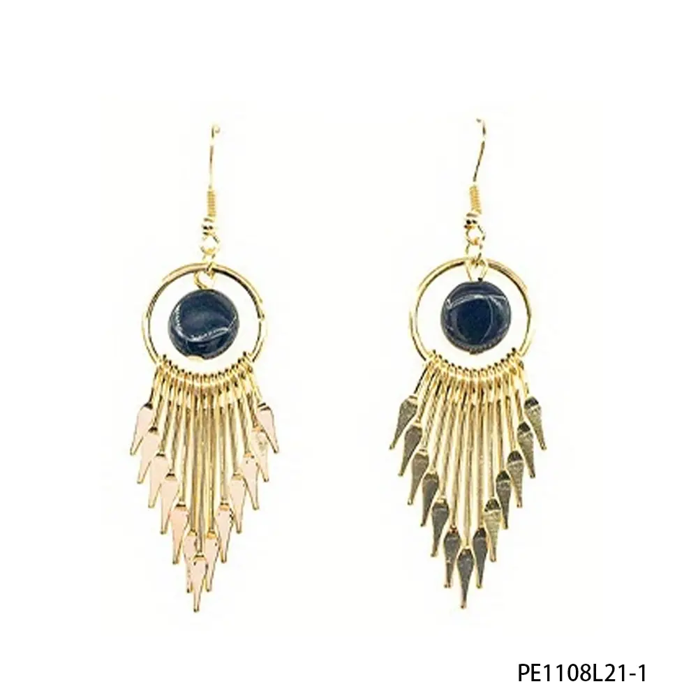 PESENAR 1920s Style Gold-Tone Fringe Earrings with Black Stone for Flapper Costume and Vintage Gatsby Accessory