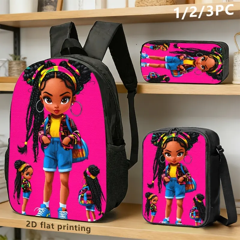 1 piece/2 piece/3 piece stylish backpack, shoulder bag and storage bag, with brunette cartoon image as the printing theme, bright color scheme and vibrant design, suitable for daily commuting, travel or shopping for young trendy people