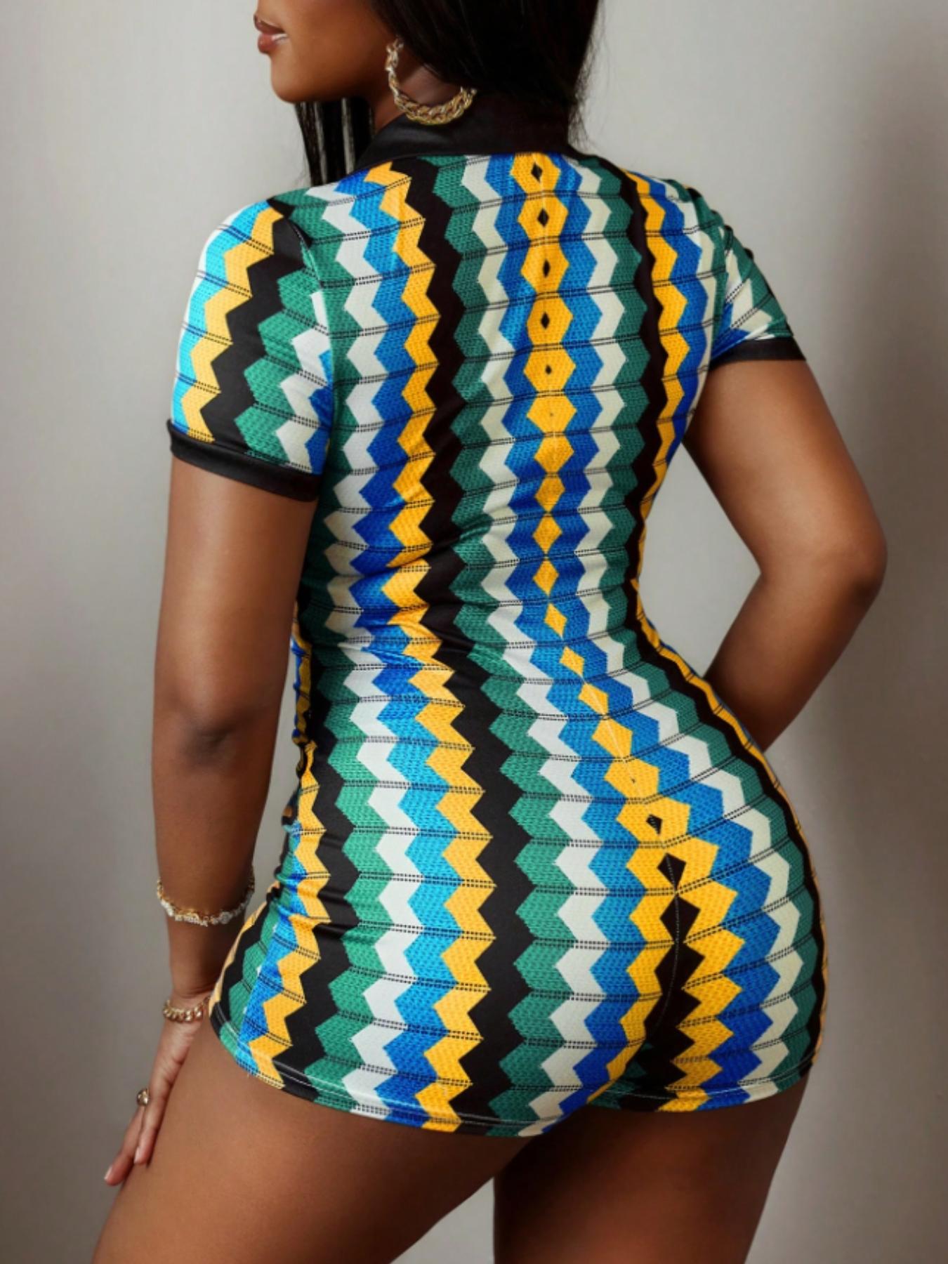 Women's Wave Striped Print Romper, Street Fashion Casual Fitted Short Sleeve Romper for Daily Outdoor Wear, Ladies Clothes for Summer, Womenswear, Streetwear, Streetwear Jumpsuits