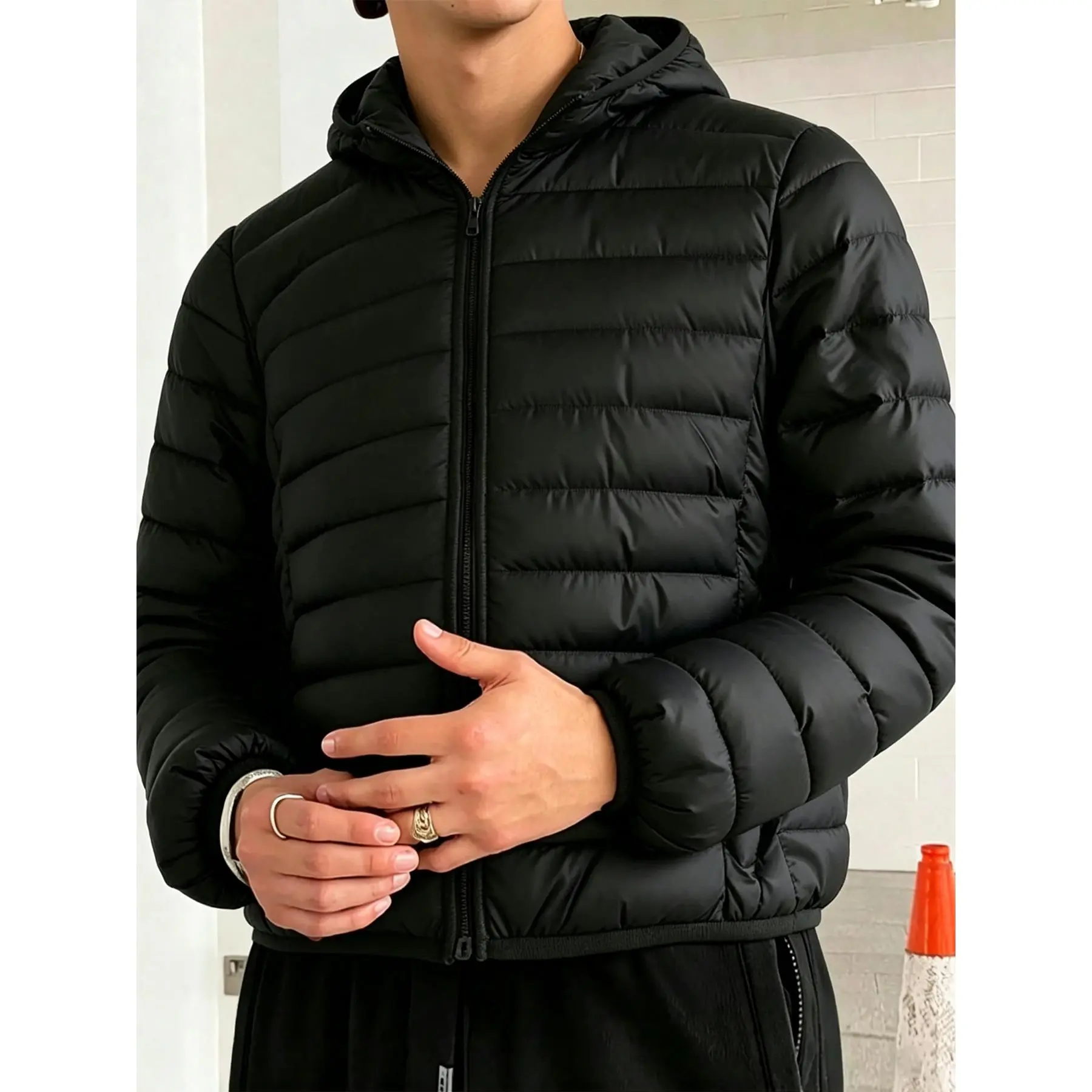 Pioneer Camp Men's Lightweight Packable Hooded Heated Puffer Jacket - Male Clothing, Windproof, Thermal Long Sleeve, Full Zip Front, Insulated, Breathable Bubble , Elastic Cuff Outerwear with Polyester Fill for Running, Travel