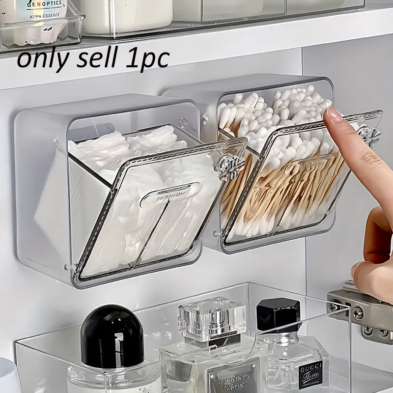 1PC cotton swab storage box, wall-mounted makeup tissue organizer, suitable for bathrooms, washbasins, dressing tables, utility storage racks, essential bathroom accessories, makeup remover tissue storage box, desk makeup tissue storage box.